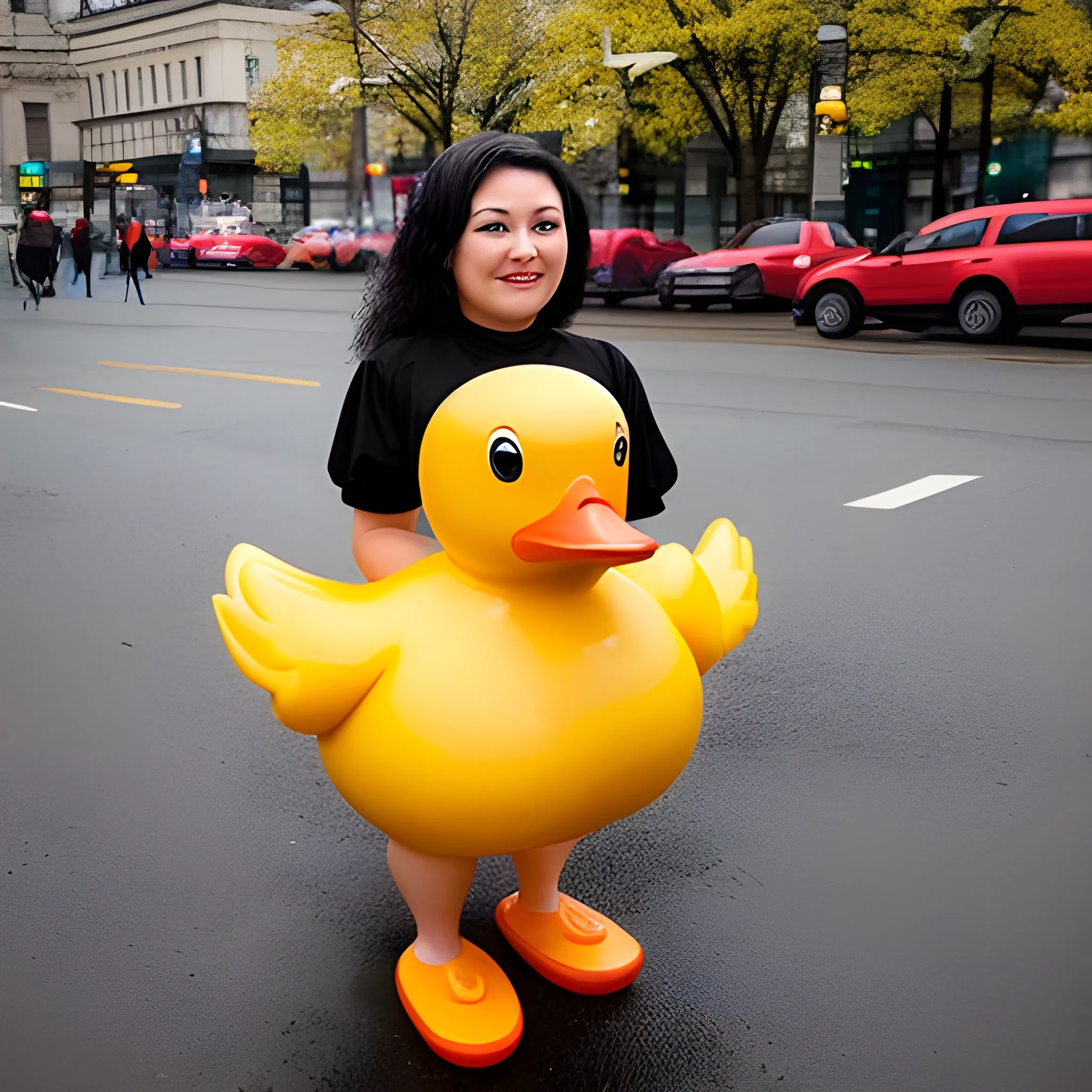 a woman dressed as a rubber duck