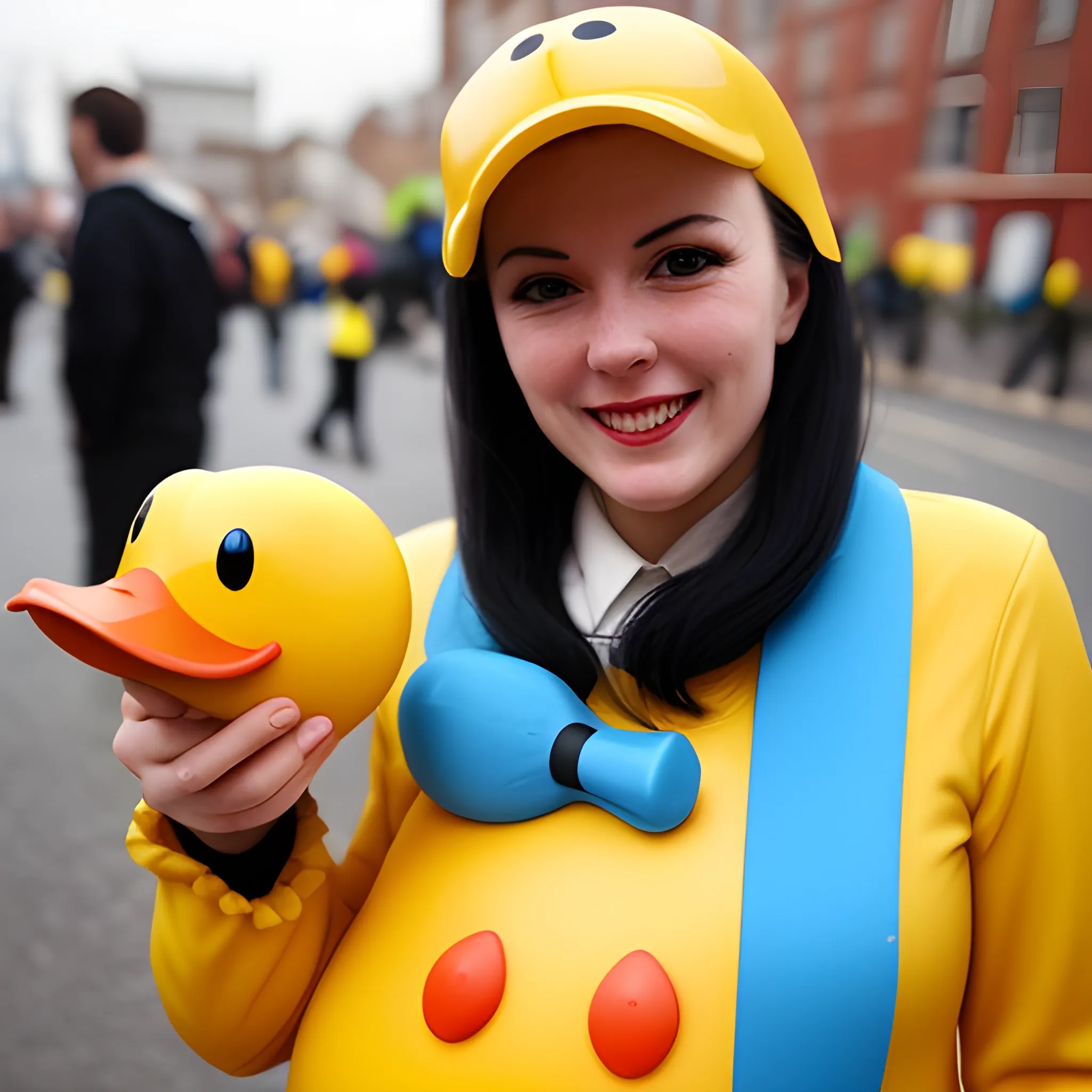 a woman dressed as a rubber duck