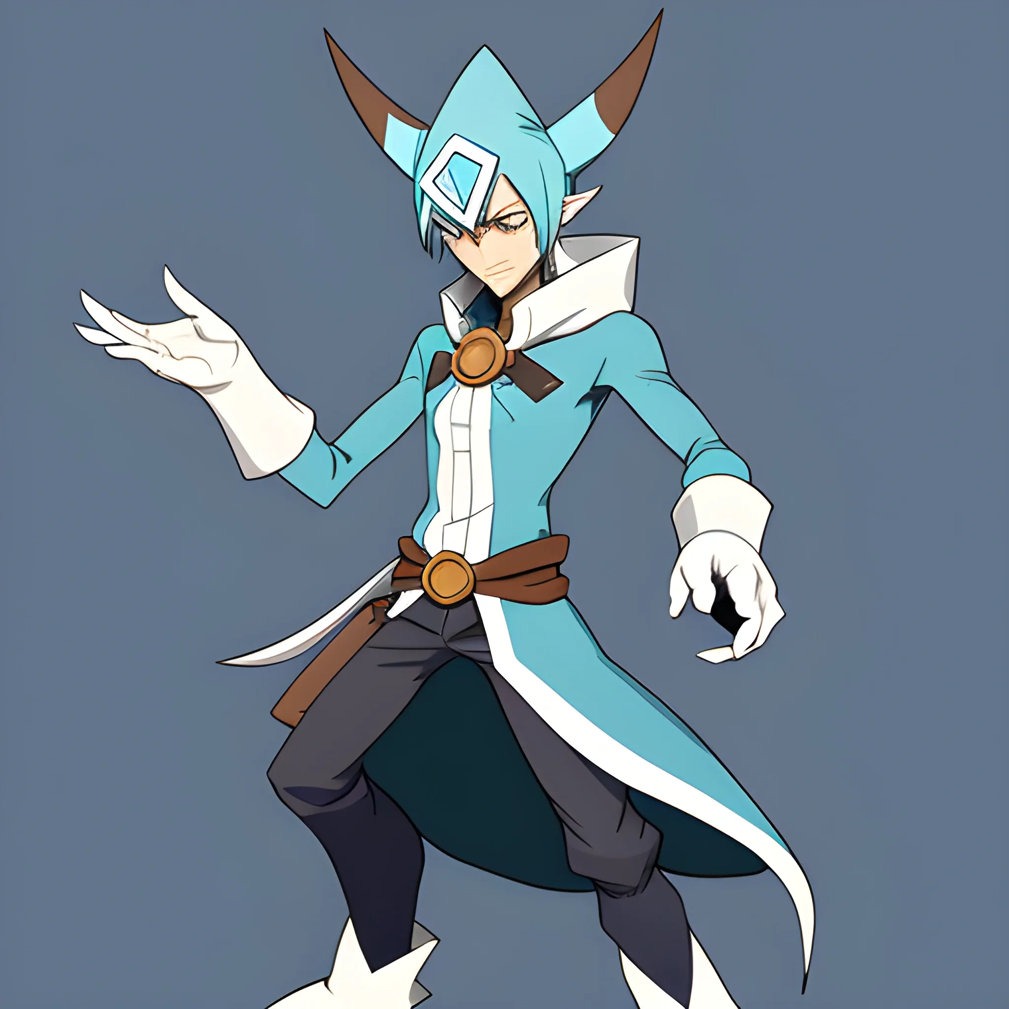 Create a fullbody character named Yugo, blending the visual elements of Simon Petrikov from Adventure Time and Yugo from Wakfu. The character should have Yugo's youthful appearance, short brown hair, and distinctive blue hat with earflaps. Incorporate Simon Petrikov’s gentle, scholarly demeanor before he transformed into the Ice King. Yugo should wear a mix of simple yet magical clothing, with earthy tones from Wakfu's world and icy blue accents inspired by Simon. His expression should convey wisdom and innocence, with magical energy subtly emanating from his hands