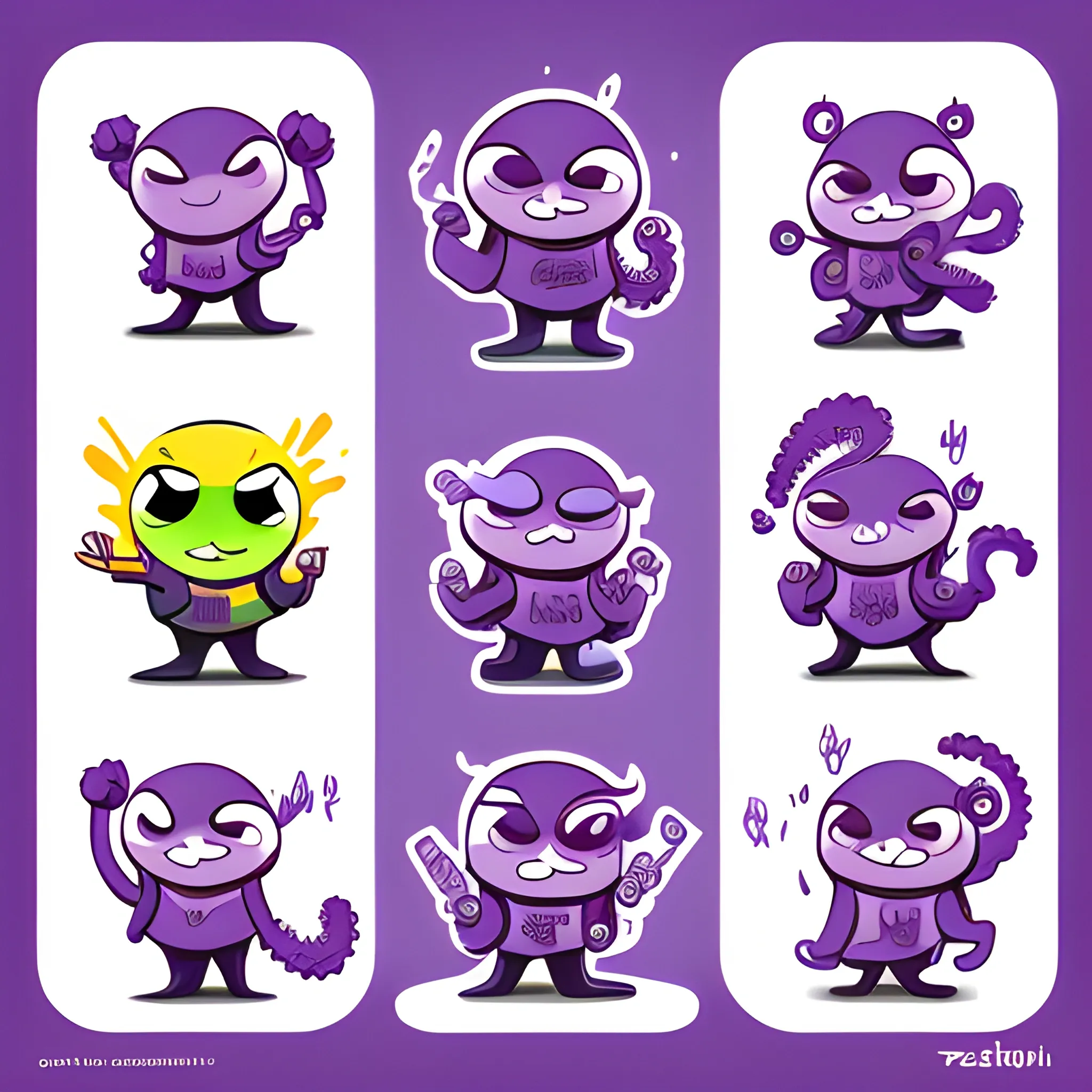 Emotion sheet for a character, concept art, character design, expressive emotions, cartoon style, 2d illustration, mascot, purple octopus, octopus character in different emotional states, expression, hyperbolization, hypertrophied expression of emotions, character sheet for reference, Jendi Tartakovsky, Loish, trend in artstation, characters on a white background, interesting ideas for a reference, telegram sticker, Cartoon, Cartoon