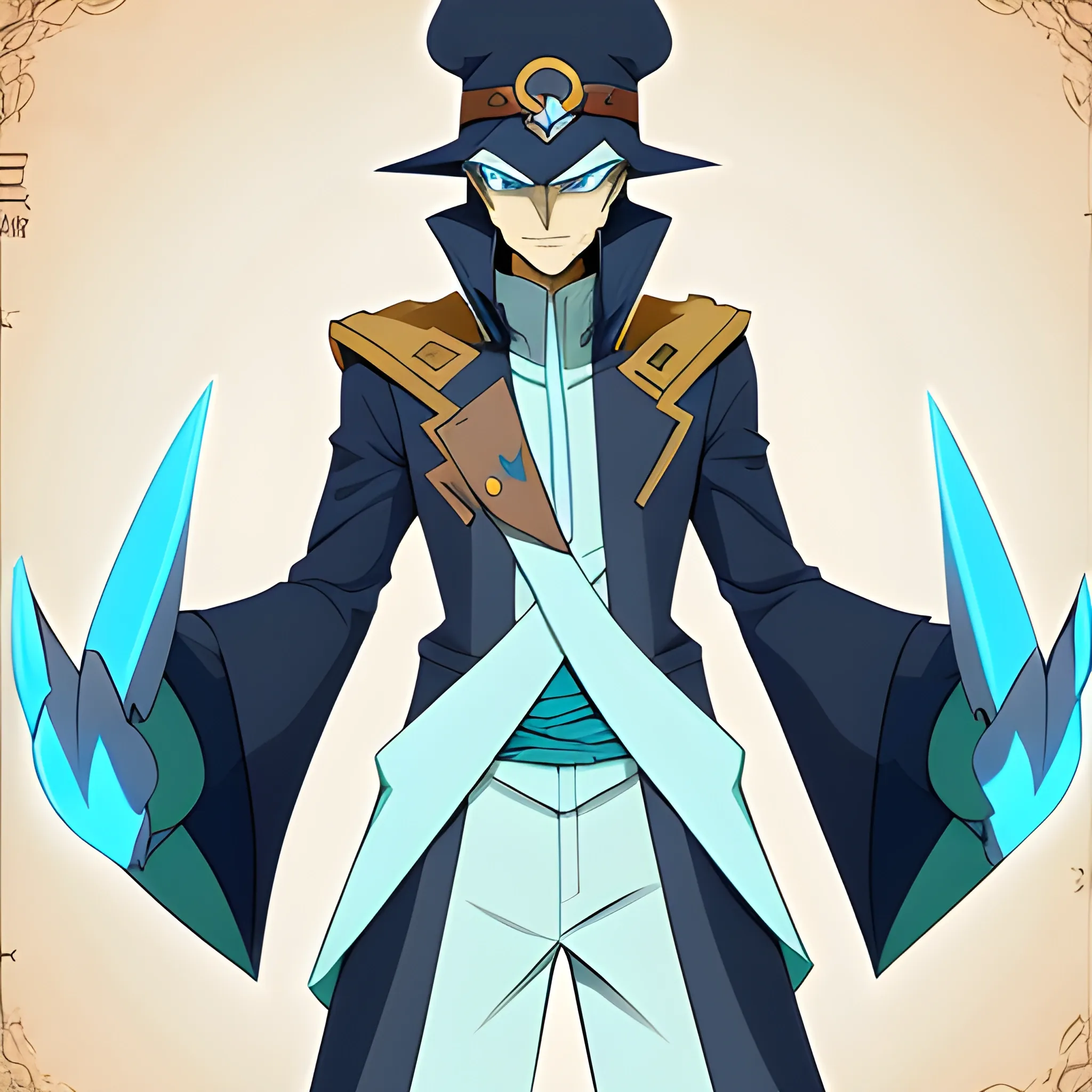 Create a fullbody character named Yugo, blending the visual elements of Simon Petrikov from Adventure Time and Yugo from Wakfu. The character should have Yugo's youthful appearance, short brown hair, and distinctive blue hat with earflaps. Incorporate Simon Petrikov’s gentle, scholarly demeanor before he transformed into the Ice King. Yugo should wear a mix of simple yet magical clothing, with earthy tones from Wakfu's world and icy blue accents inspired by Simon. His expression should convey wisdom and innocence, with magical energy subtly emanating from his hands, Cartoon