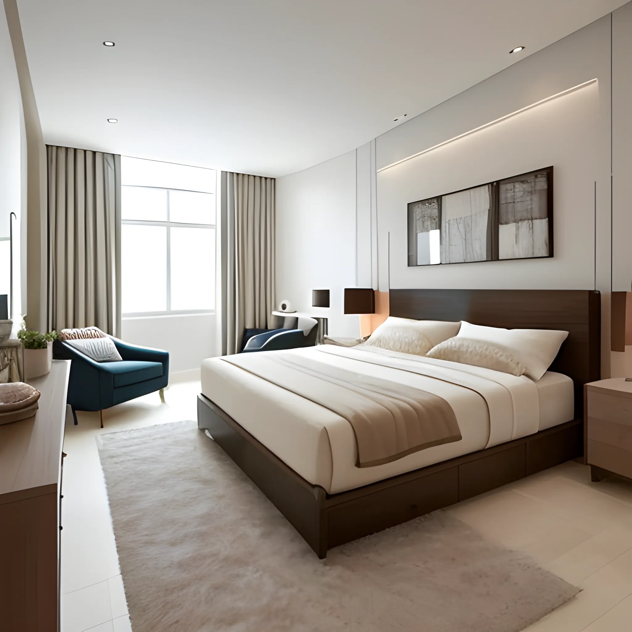 Photo of a bedroom with a large double bed in modern style.