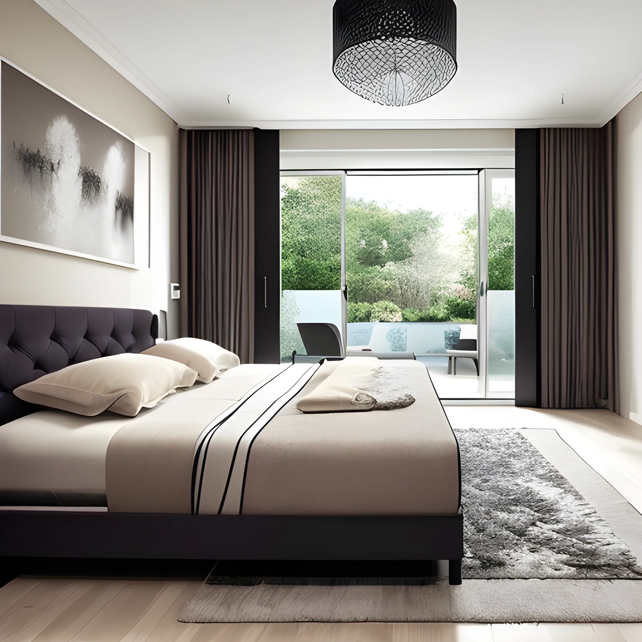 Photo of a bedroom with a large double bed in modern style.