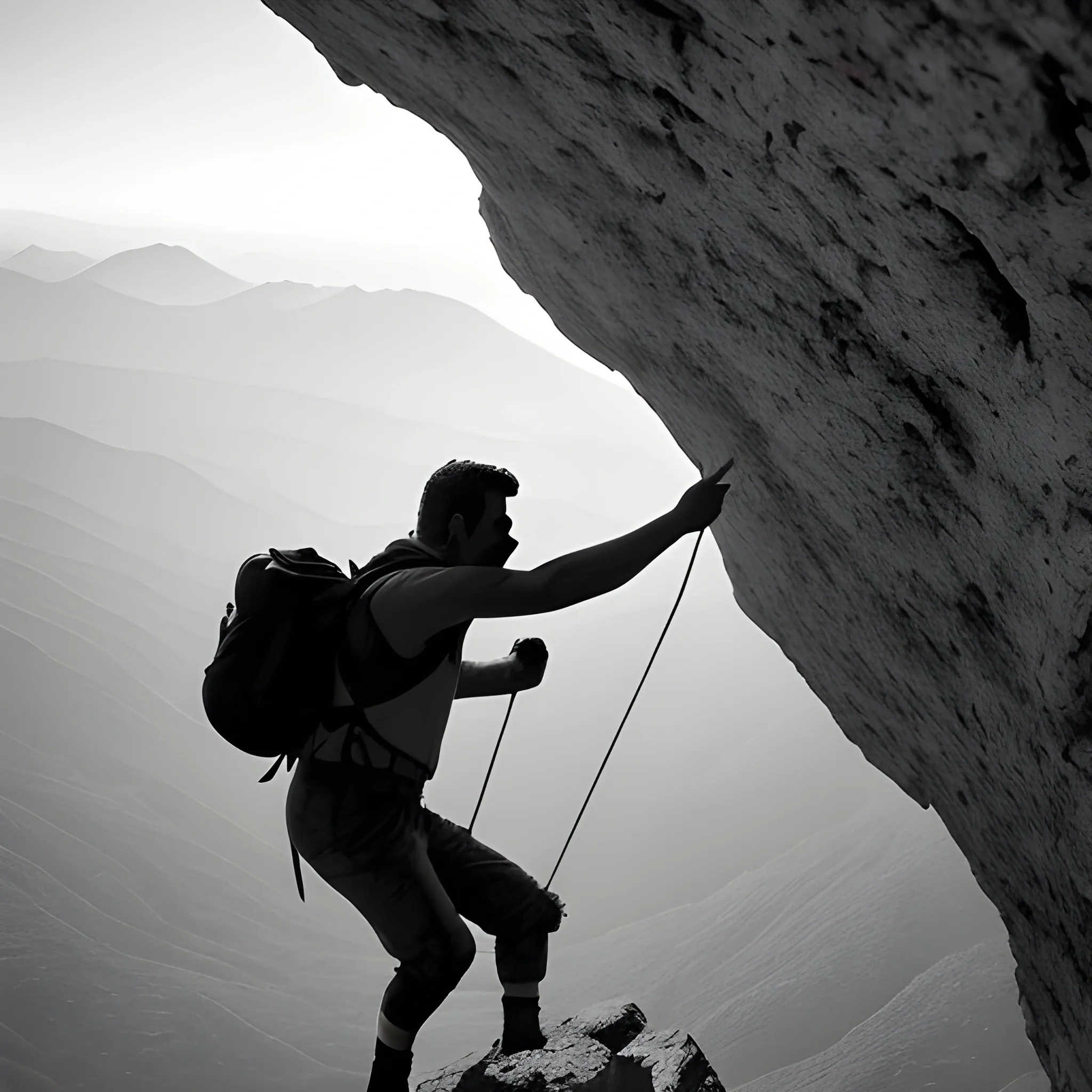 En una ilustración en blanco y negro, muestra a un hombre gigante y musculoso con una barba ondulada y prominente. El hombre está cargando un planeta en su espalda, mientras asciende una montaña colosal que es significativamente más grande que él. La montaña se extiende verticalmente, mostrando solo la mitad del recorrido del hombre hacia la cima. Incluye detalles del paisaje a lo largo de la montaña, resaltando la inmensidad del desafío. La imagen debe transmitir una sensación de esfuerzo monumental y perseverancia, con el hombre claramente luchando contra la gravedad y la inmensidad del planeta que lleva.