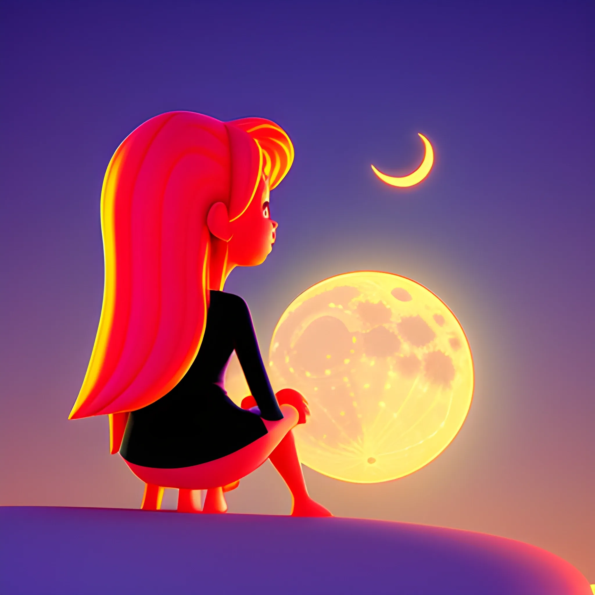 , Cartoon mujer nostalgica mirando a la luna em una noche de verano, 3D, Trippy