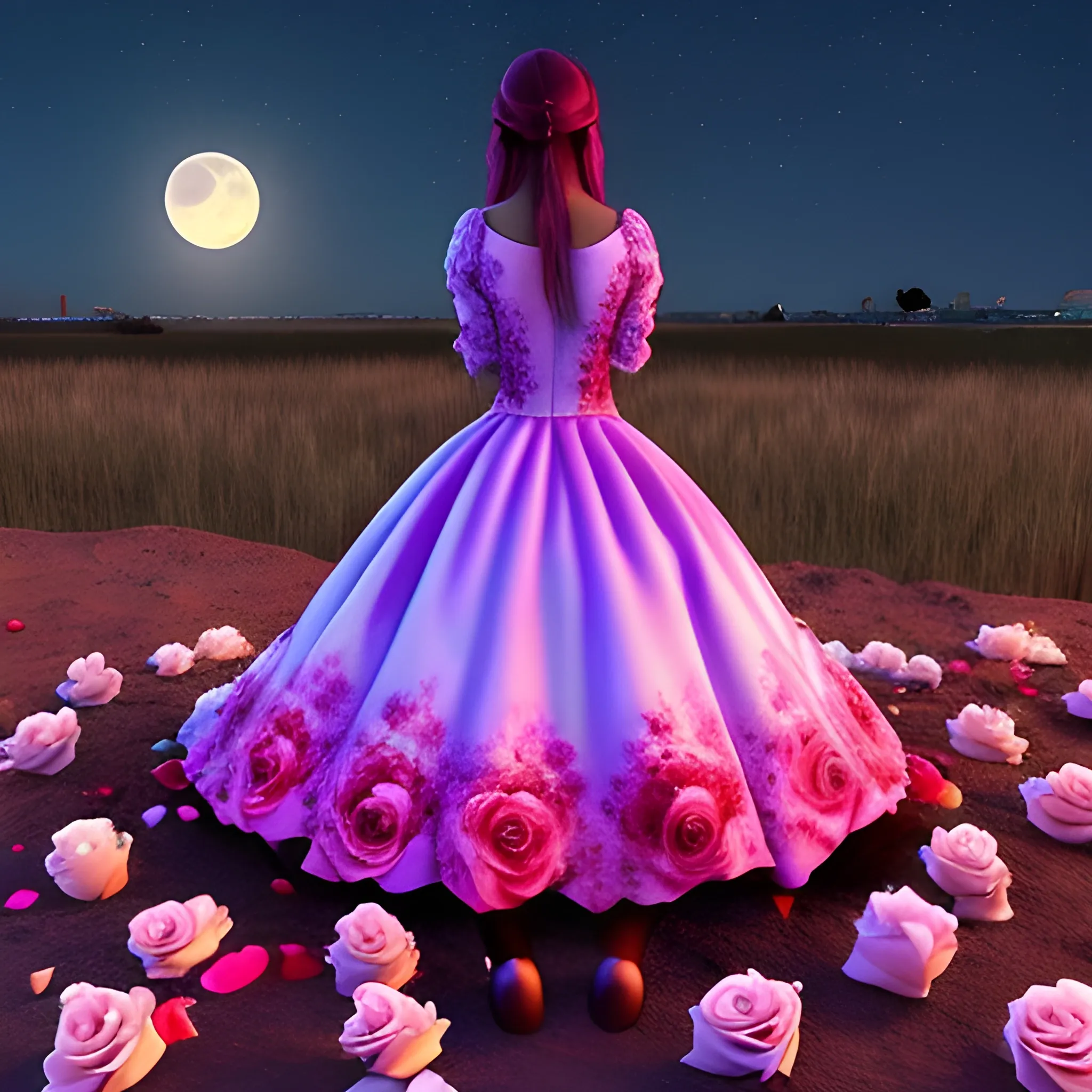 , Trippy , 3D mujer triste mirando a la luna en la noche estrellada con un ramo de rosas rojas en la mano derecha al lado de un hombre vestido de traje