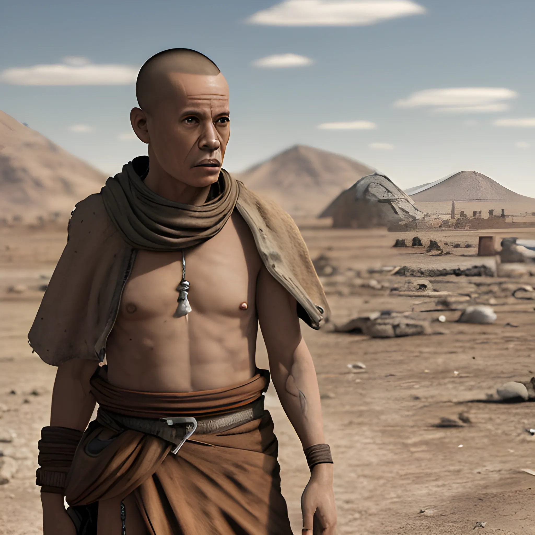 Ciber monk in a wasteland landscape hiper realistic, full hd 8K 