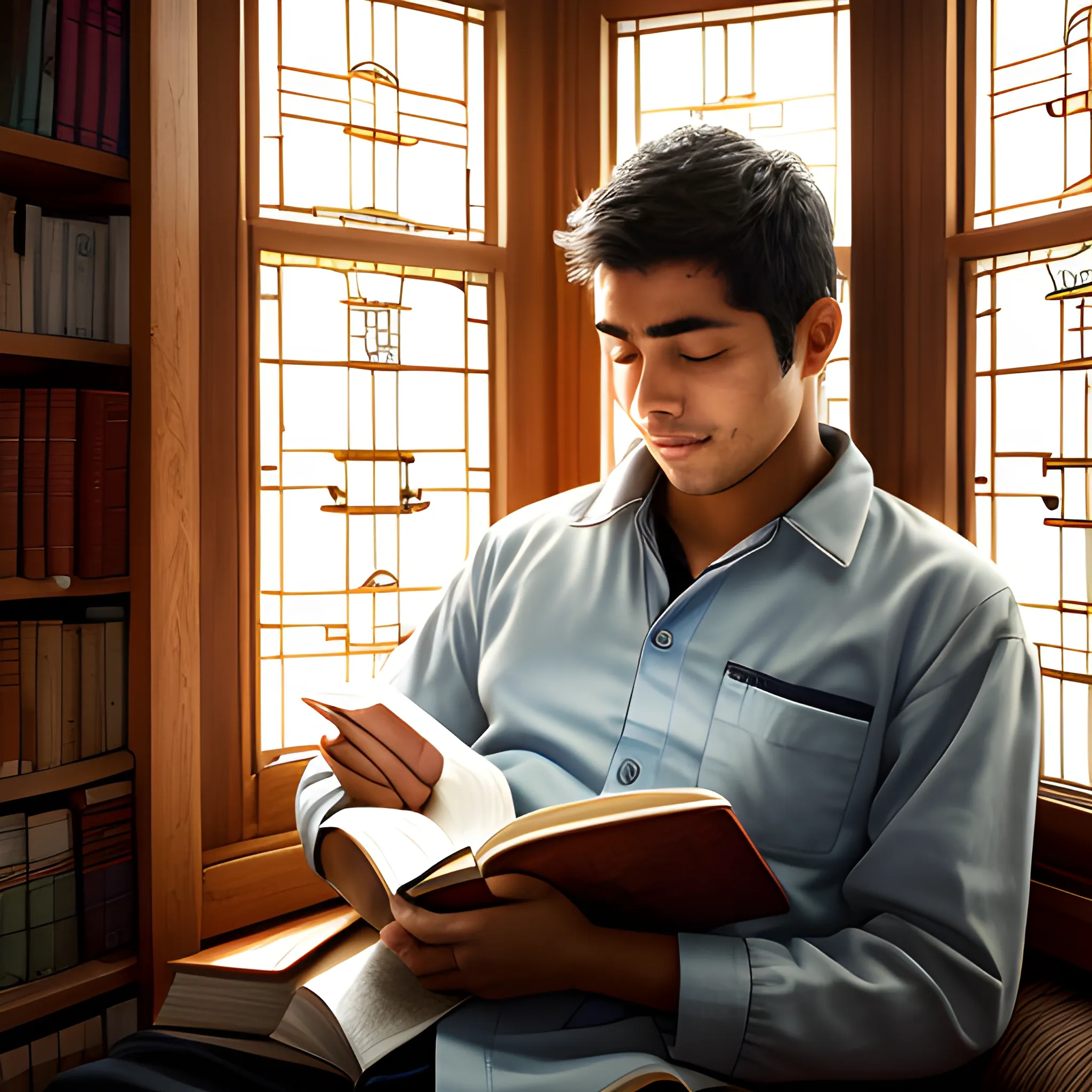 male person with peruvian characters  sleeping with a book in his right hand, the book is about science, there's a window close with warmer light going through