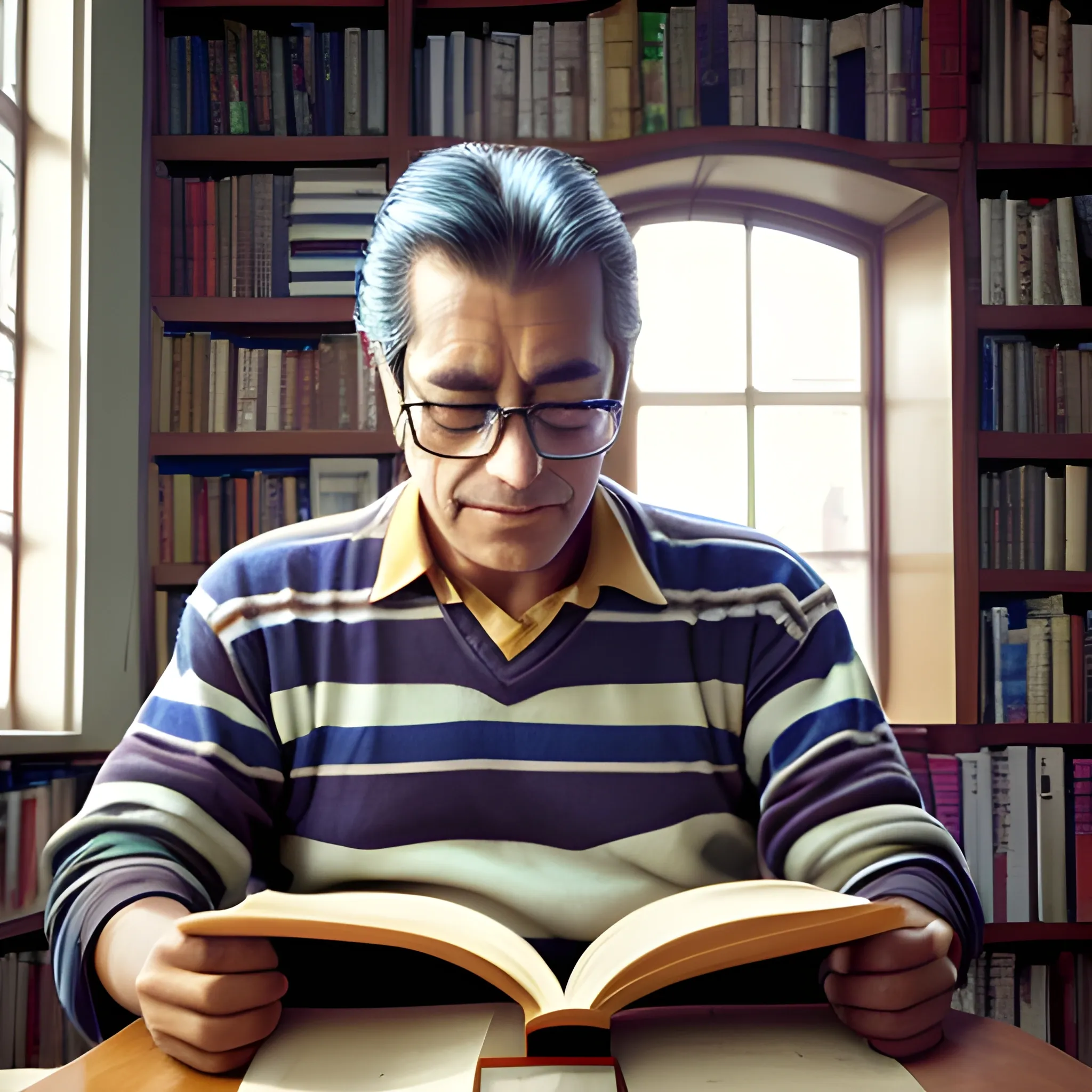 male person with peruvian characters  sleeping with a book in his right hand, the book is about science, there's a window close with warmer light going through, the bookshelf you can see paul auster books
