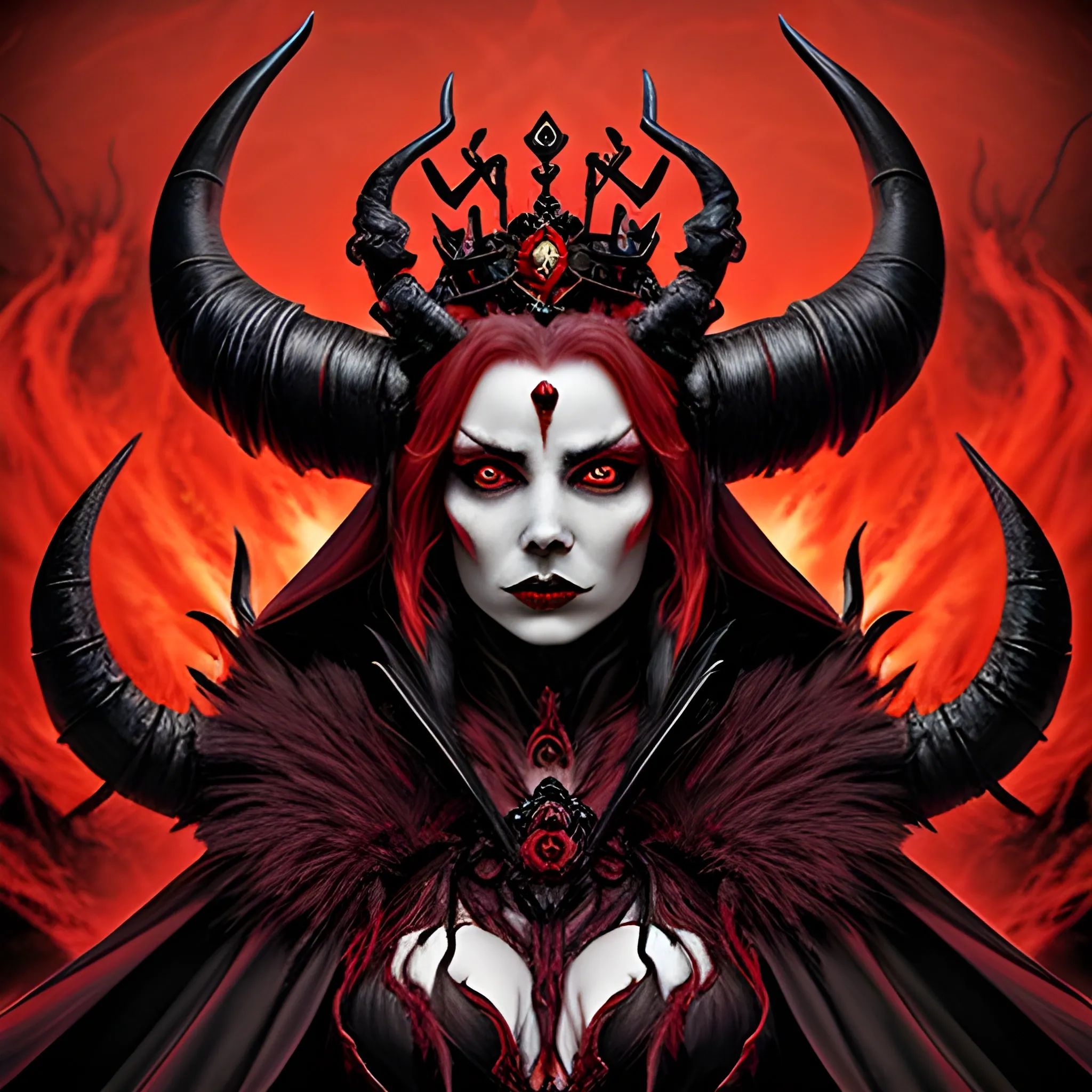 In a twisted landscape of black and red, a powerful demon queen with a crown of horns and a billowing red cloak surveys her minions. Her fiery eyes betray a cold intelligence as she plots to expand her dark empire.