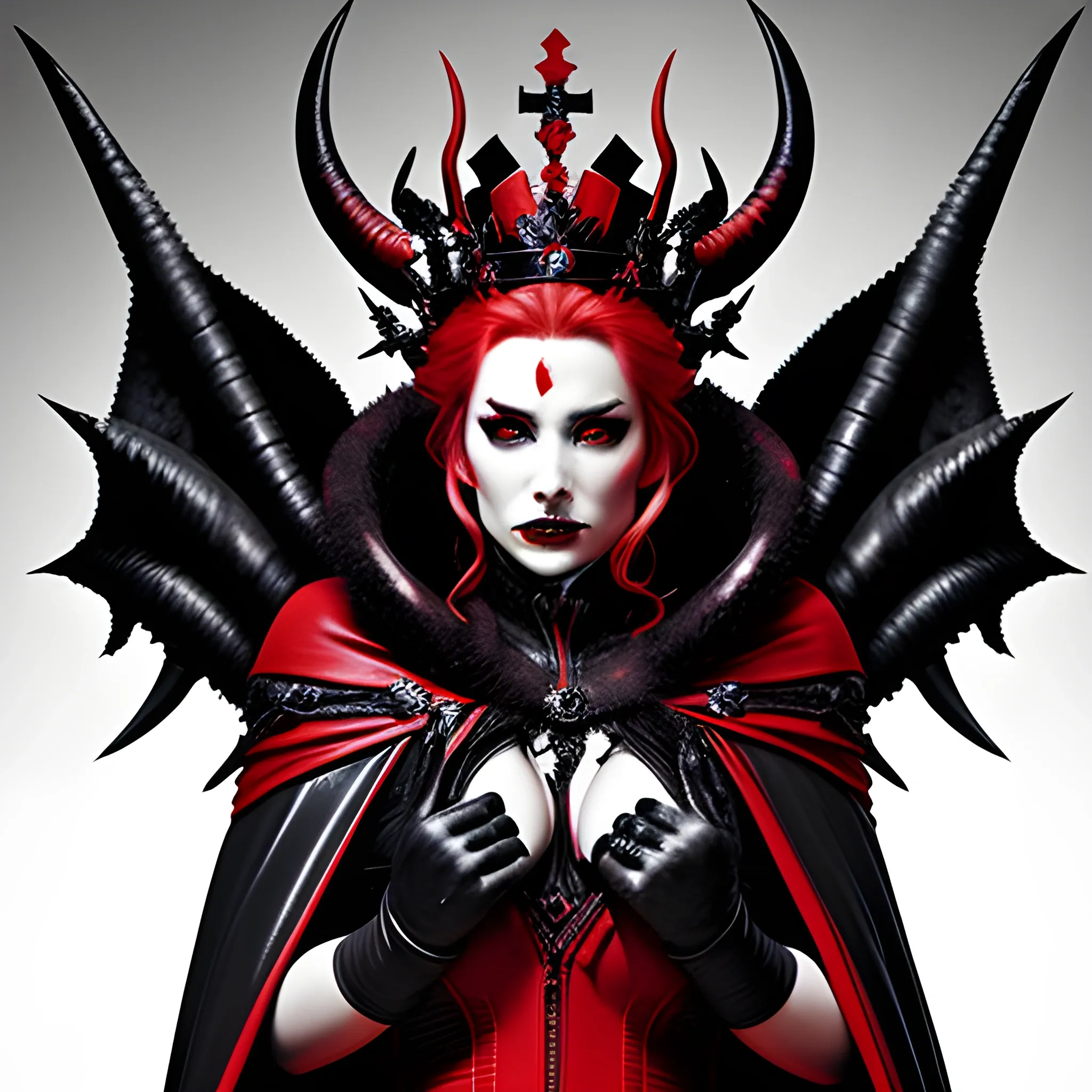 In a twisted landscape of black and red, a powerful demon queen with a crown of horns and a billowing red cloak surveys her minions. Her fiery eyes betray a cold intelligence as she plots to expand her dark empire. More leather outfit. Big queen crown