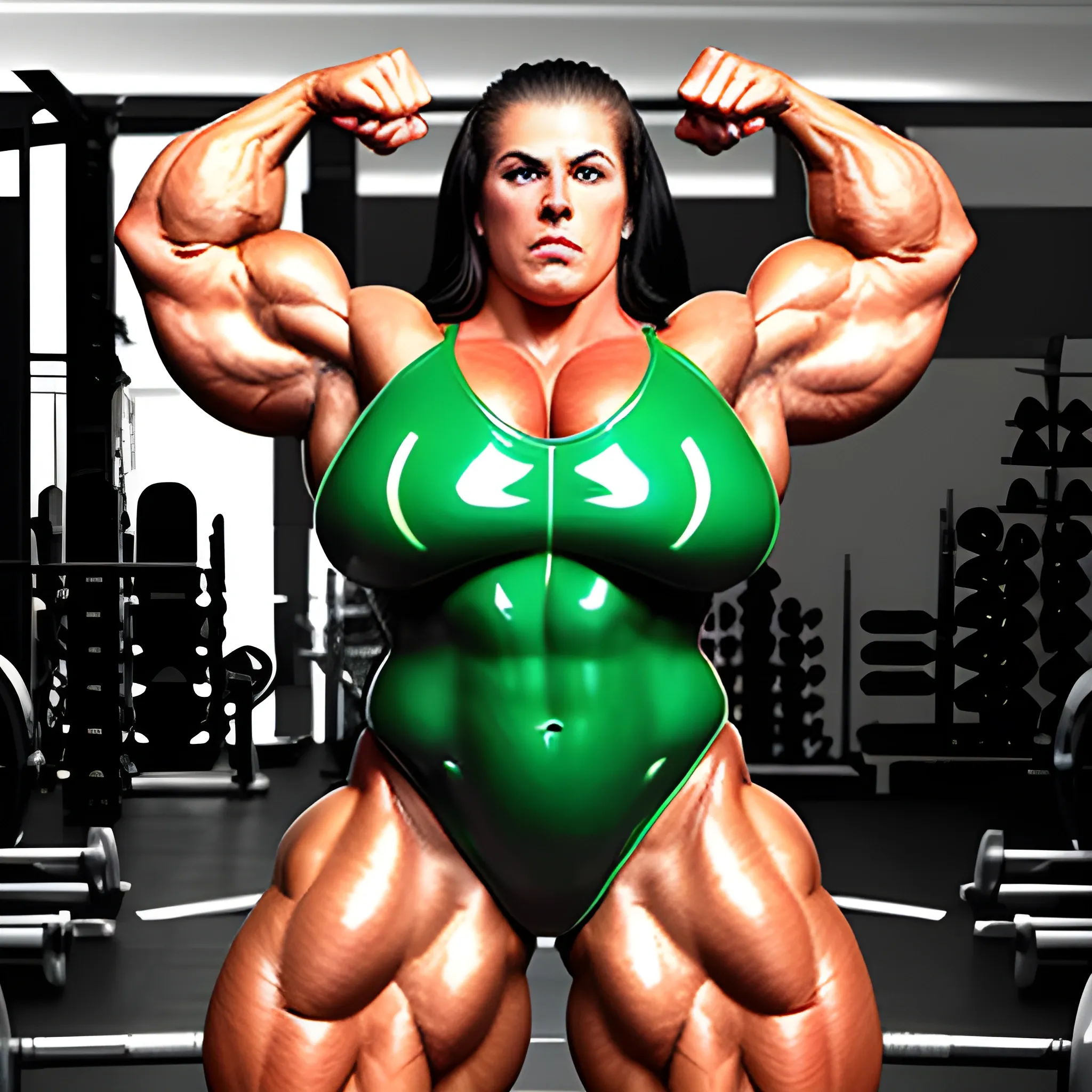 a mega muscular female bodybuilder, striking brunette, piercing green eyes, straight, shoulder-length hair, flawless complexion, dressed in a black latex suit , dynamic posing and flexing, a beautiful mega muscular giant female, gigantic morphed muscle female bodybuilder, beefy thick bodybuilder | bodybuilders, brawny overdeveloped female bodybuilders, steroid enlarged pretty  female bodybuilders, hyper-muscular mega-giant bulky voluptuously top heavy Female bodybuilder, ((450 pounds female powerlifter 11 feet tall)), 8 feet tall statuesque, big inflatable muscles, top heavy huge statuesque  raging female bodybuilder, powerful  muscular female bodybuilder, incredibly broad powerful shoulders enormous deltoids, beefy  bloated arms,  | glutes, oversized  bloated thighs, extremely muscular female bodybuilder swollen offseason steroid enlarged, positive prompts: female, lady, ladies, pretty, beefy, brawny. 