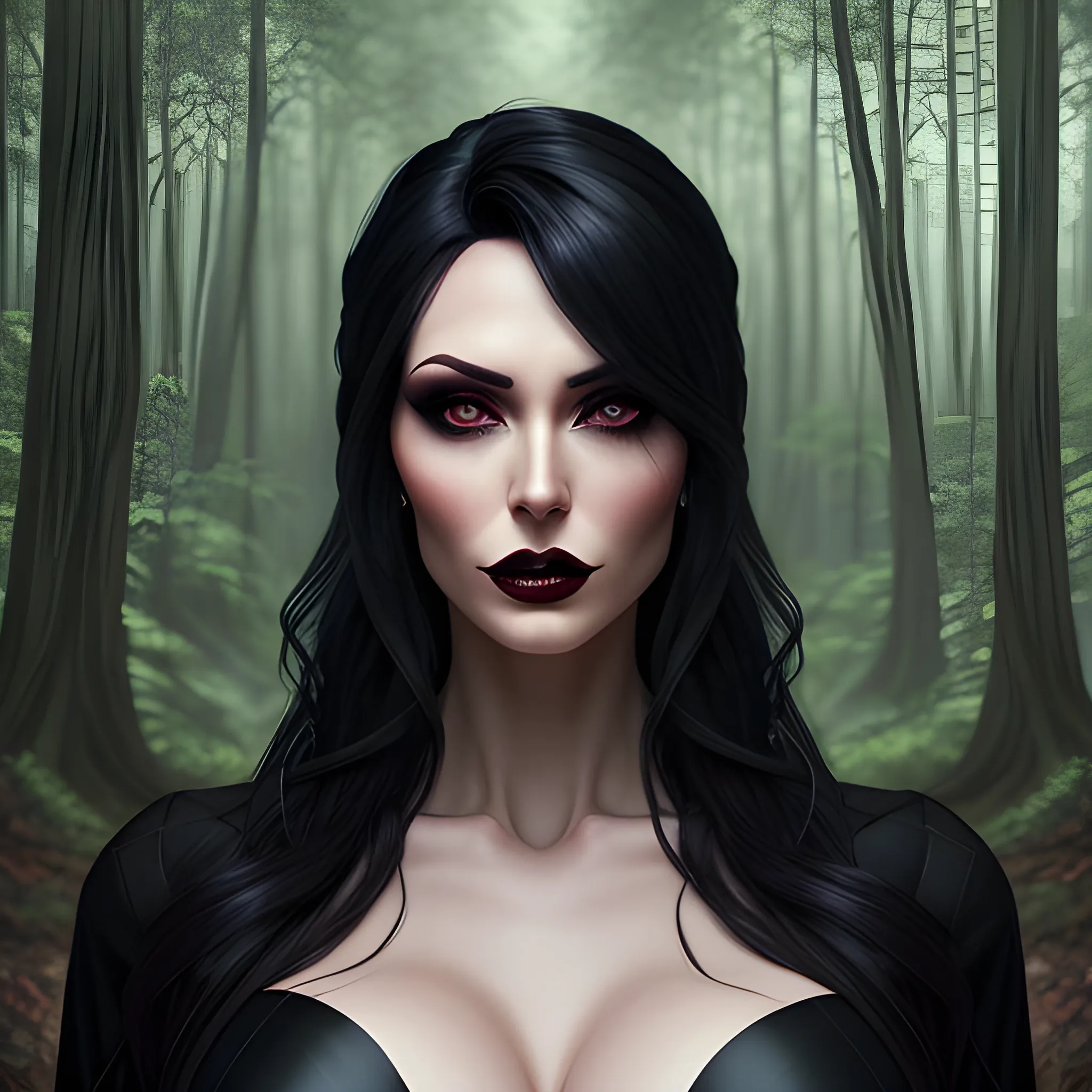 a woman in a forest with a mirror, artgerm and warren louw, furious dark haired women, realistic cartoon, vampire portrait, dark pin-up style hair, anime visual of a young woman, hyper real painting, gothic wearing, by Jesse Richards, photorealistic disney, hypperrealistic illustration