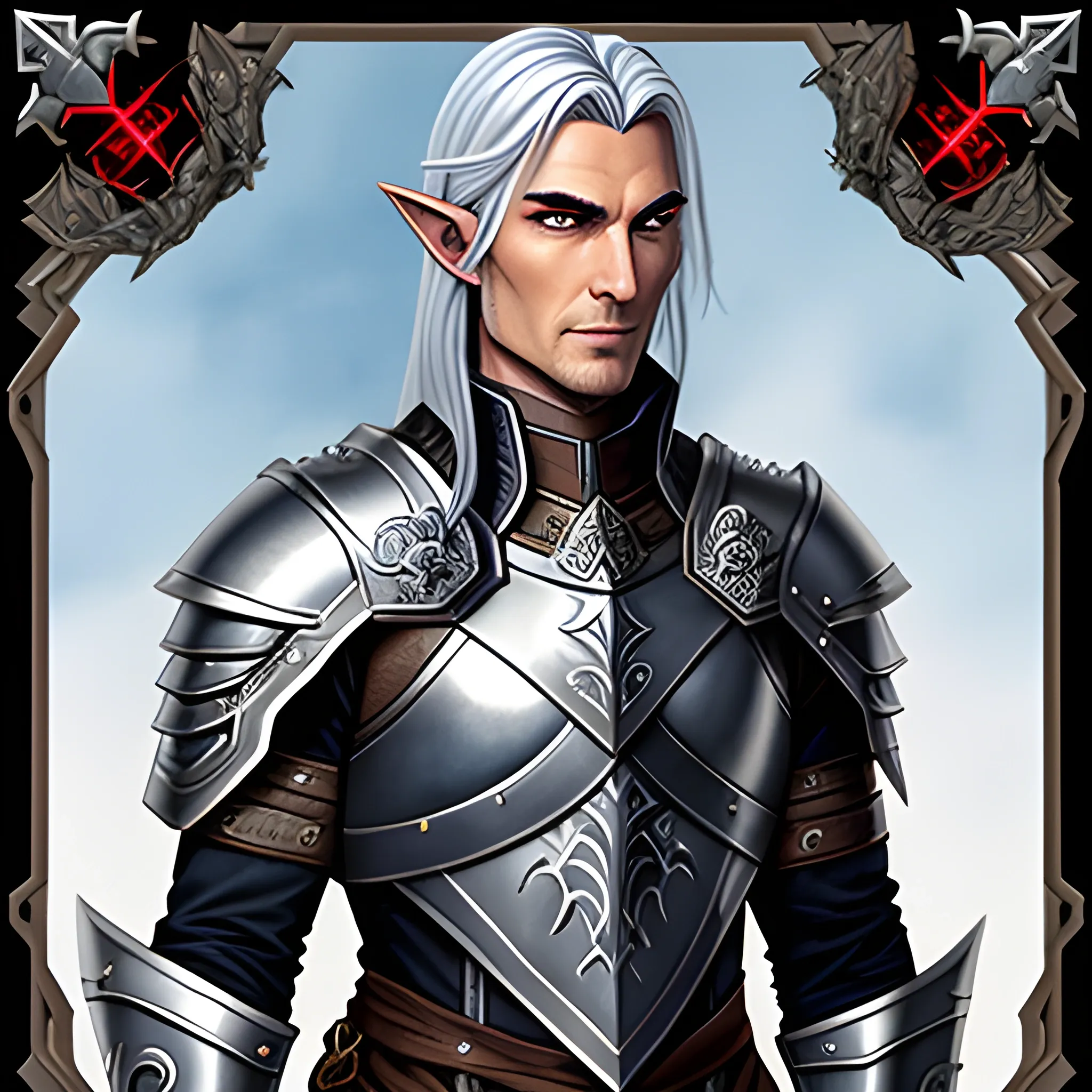 A male young elf paladin who has elven features: pointed ears, a sharp jawline, and piercing bright eyes that radiate warmth and determination. His hair is silver, slightly tousled. He wears chainmail armor and carries a standard longsword and a plain shield adorned with a raven emblem, Water Color