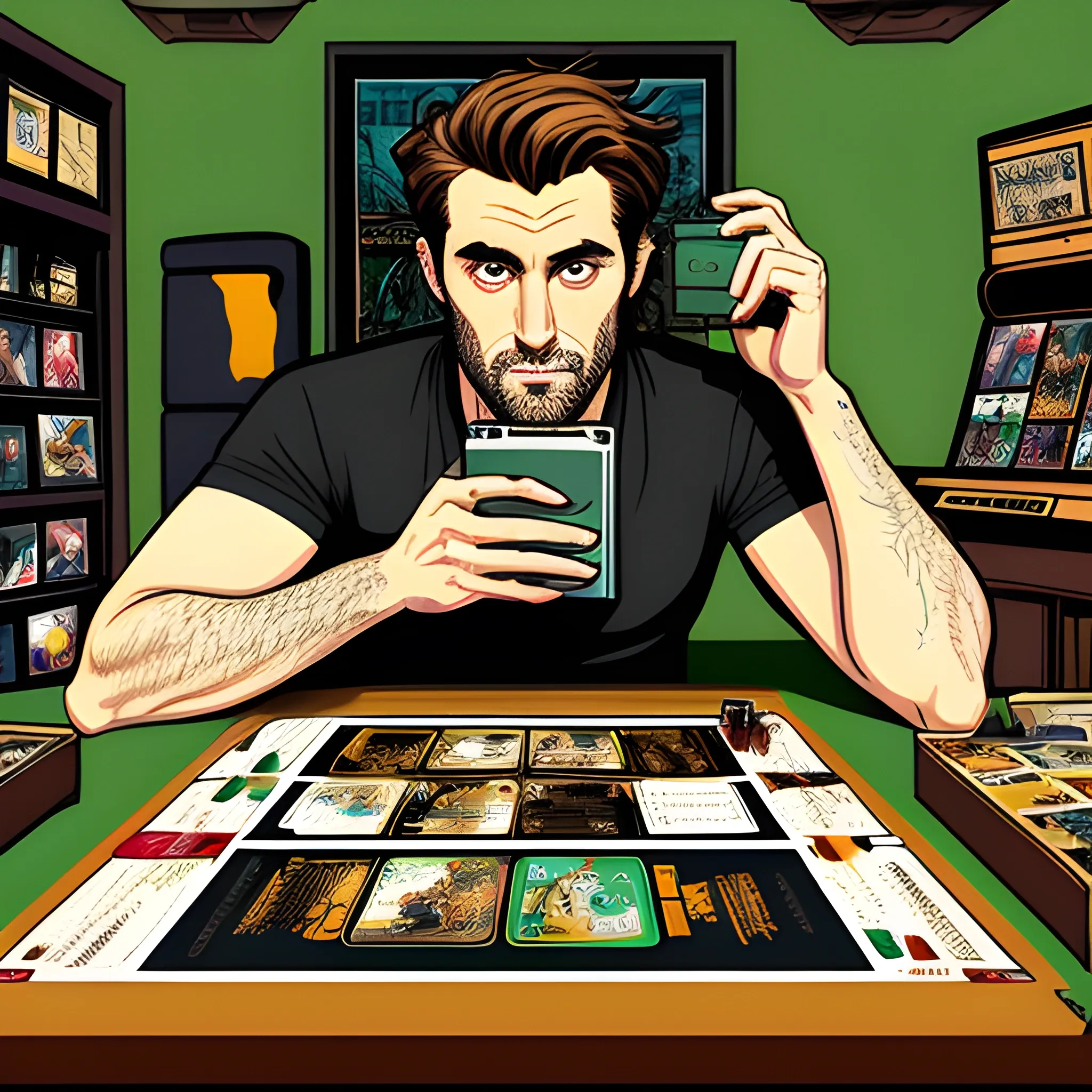 A 15-year-old boy with brown hair and green eyes sits on a messy bed in a room with rock band posters.  He's hunched over a black-cased smartphone, the screen displaying a popular dating app interface. One hand holds the phone, while the other adjusts the pieces of a board game depicting a man and a woman getting together. Artistic style: realistic, with a touch of melancholy. Composition: the teenager occupies the center of the image, the board game and phone are key elements in the foreground. , Cartoon