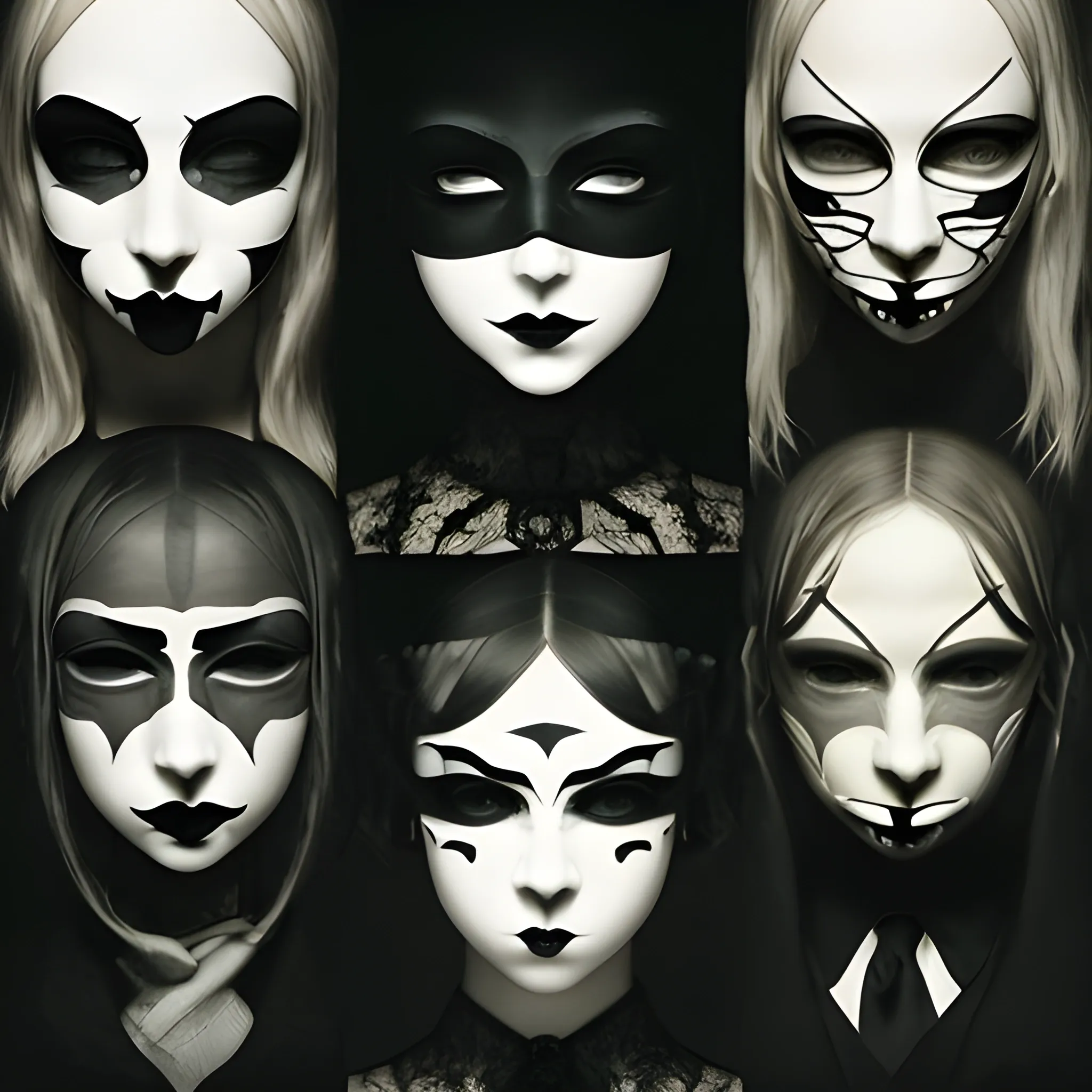 An image of an  album titled "My Friends" containing a gallery of six unsettling portraits. In each image, a face is completely concealed by an elaborate masquerade mask, stripping the subjects of any recognizable identity. Bathed in shadows and cool tones, the photographs evoke an atmosphere of anonymity and depersonalization. Art style: gothic, with a touch of surrealism. Aspect ratio: 3:2