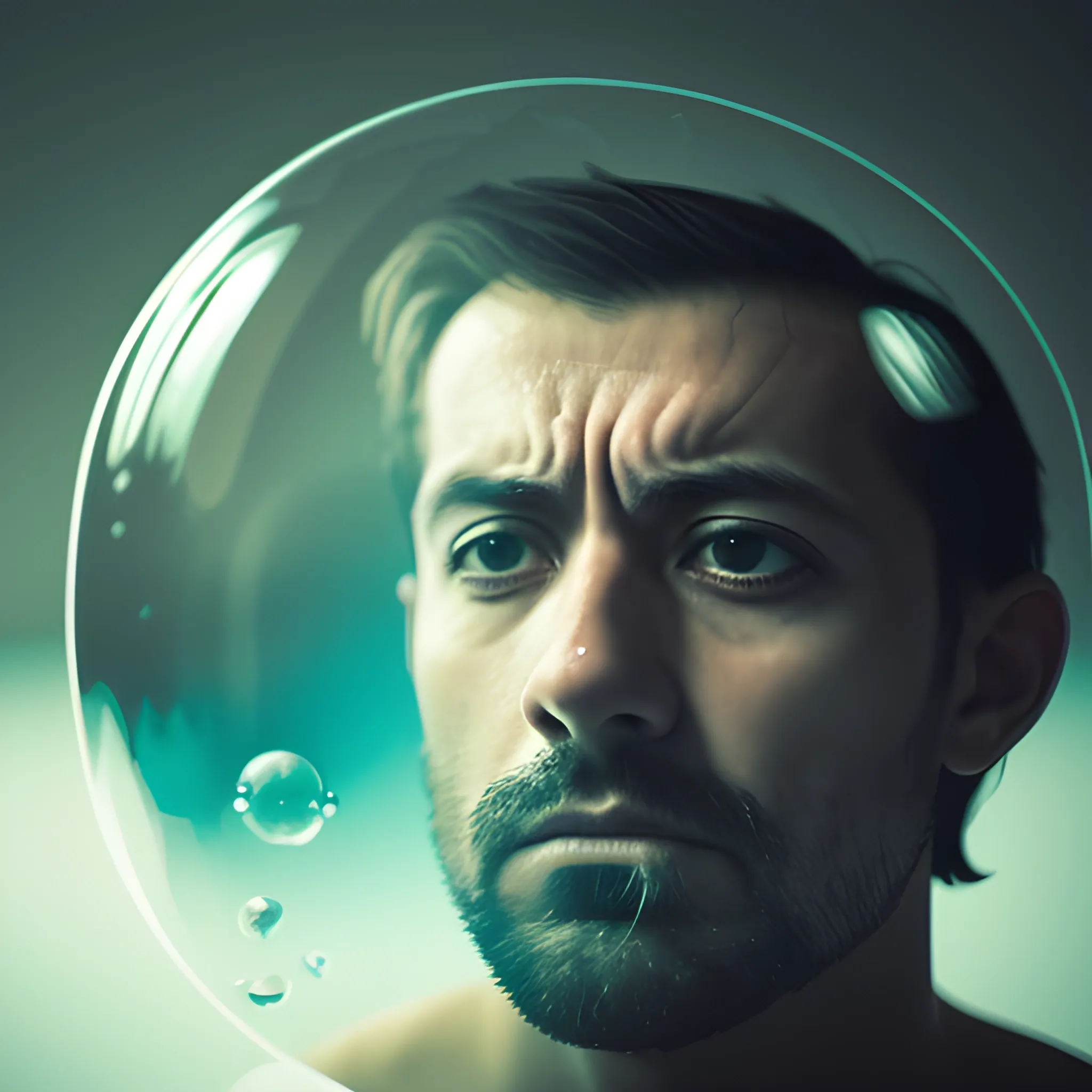 A troubled man trapped inside a bubble where everything is blurry and dull., Cartoon