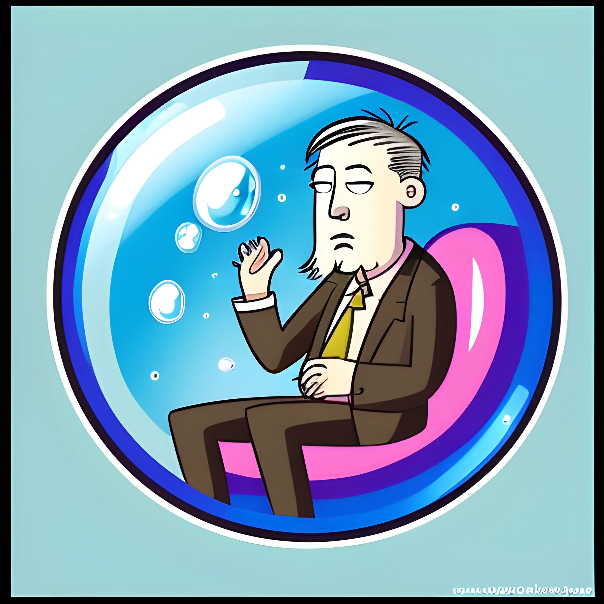 A bored man trapped inside a bubble where everything is dull and fuzzy.  Cartoon