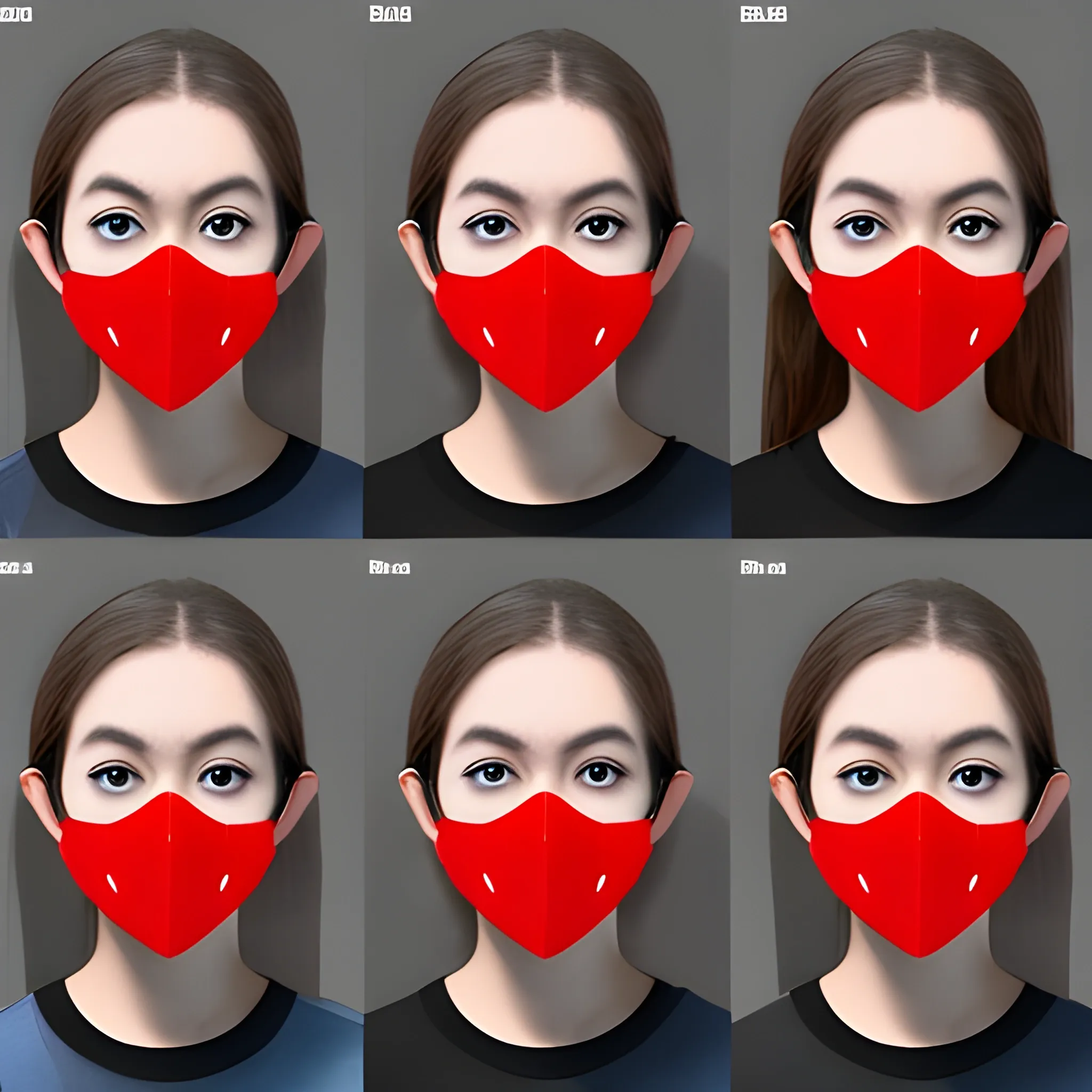 Generate a picture of 8 people wearing the exact same mask