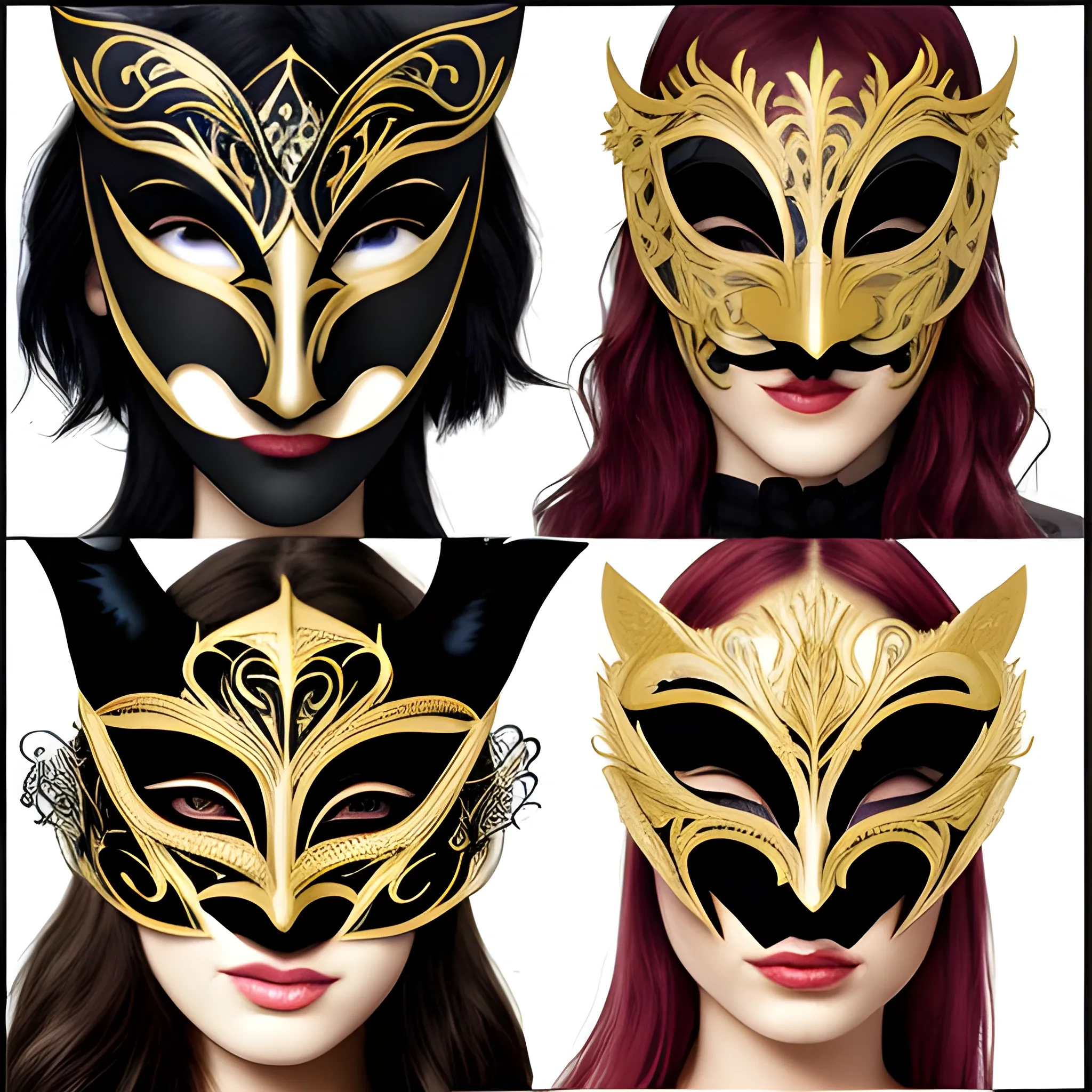 Generate a picture of 8 people wearing the exact same masquerade mask