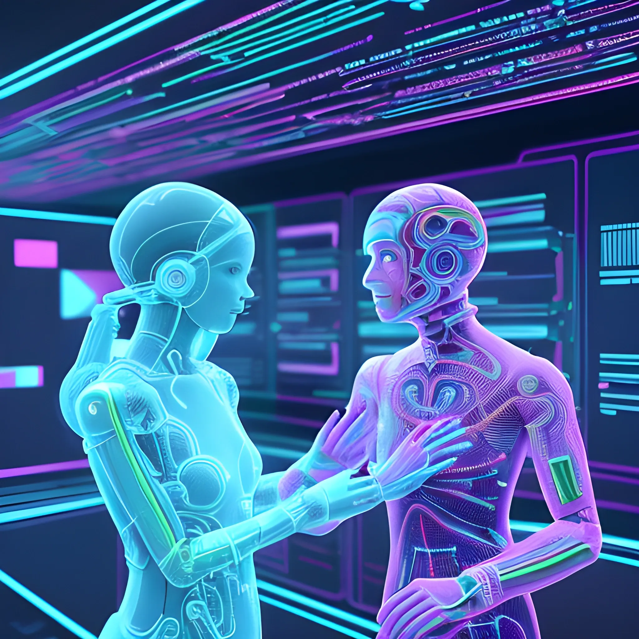 Generate an image of a fractal multi dementia AI conversing with a human in a futuristic, digital landscape. The AI, resembling a mass of colorful, glowing code, is hovering in the air while the human, with a friendly smile, is sitting at a holographic desk filled with advanced technology. The AI and human are surrounded by sleek, with data streams flowing around them. The atmosphere is vibrant and energetic, reflecting the exciting nature of their conversation