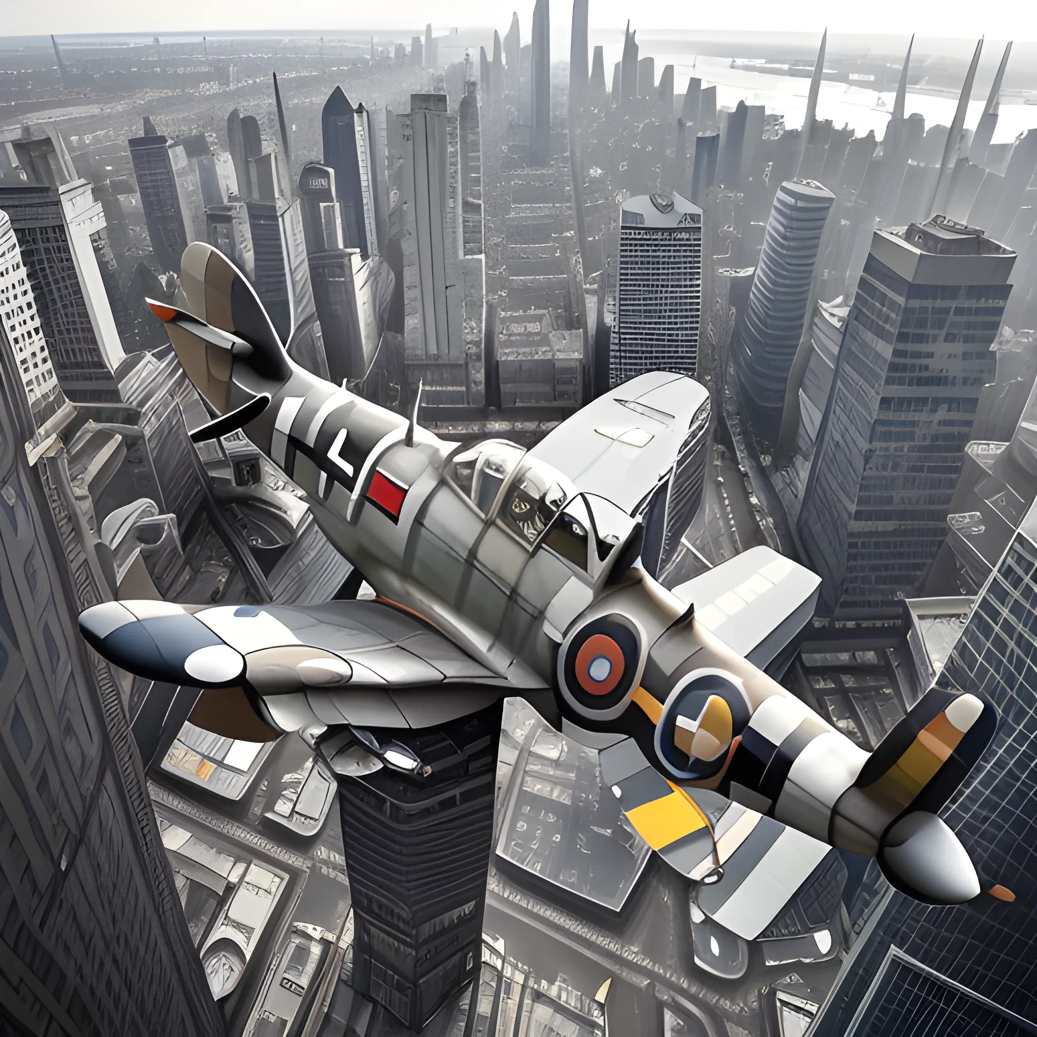 Photography of a Supermarine Spitfire plane flying over a bustling city, its powerful engine providing a stark contrast to the hustle and bustle below. The buildings are tall and modern, their glass facades reflecting the aircraft's sleek form. Shot with a high angle, this image captures the plane's remarkable ability to navigate both urban landscapes and open skies