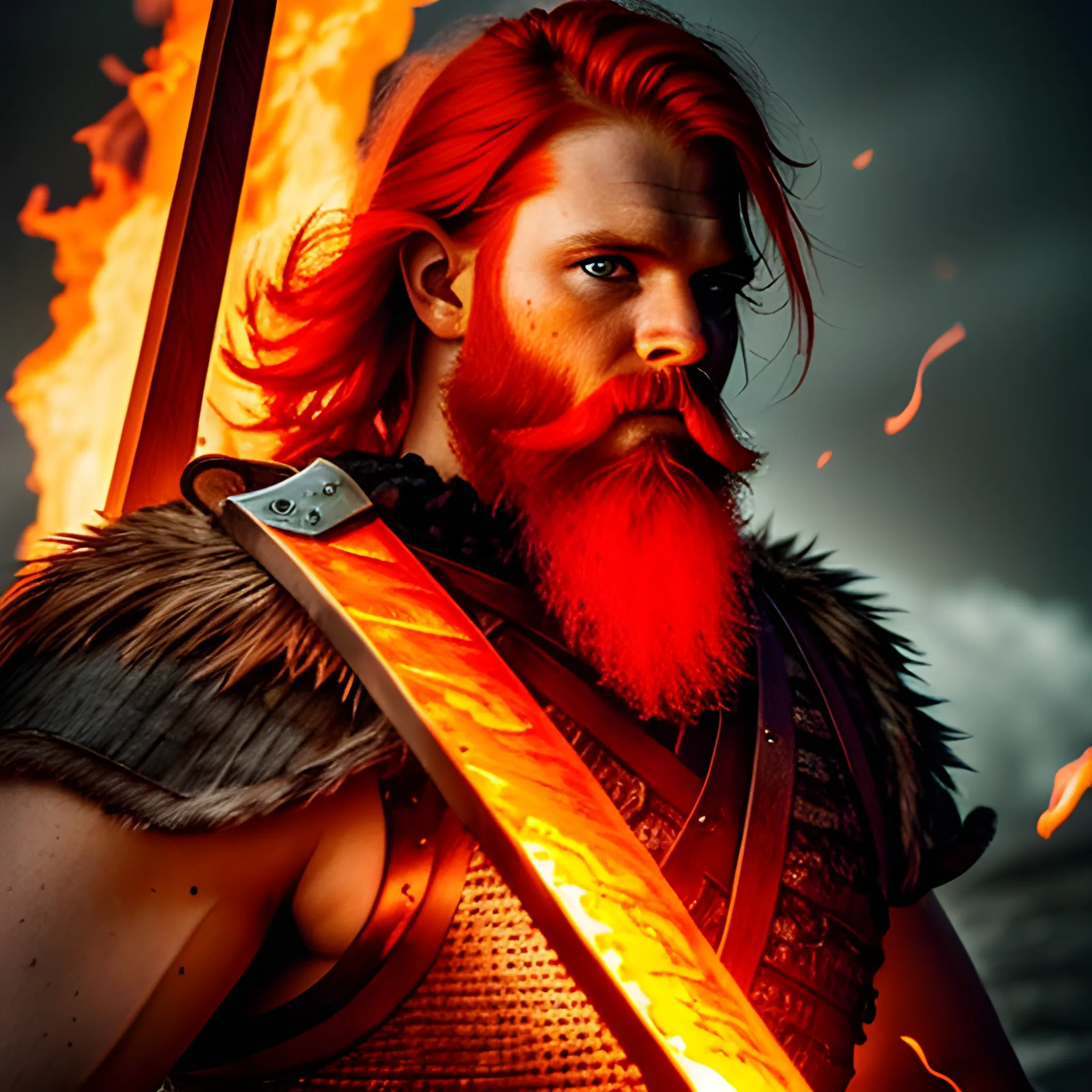 A fierce Viking warrior, bathed in the fiery glow of a raging inferno, stands tall amidst the blaze, his red hair and beard ablaze with the fierce flames that surround him, his eyes gleaming with battle-hardened determination.