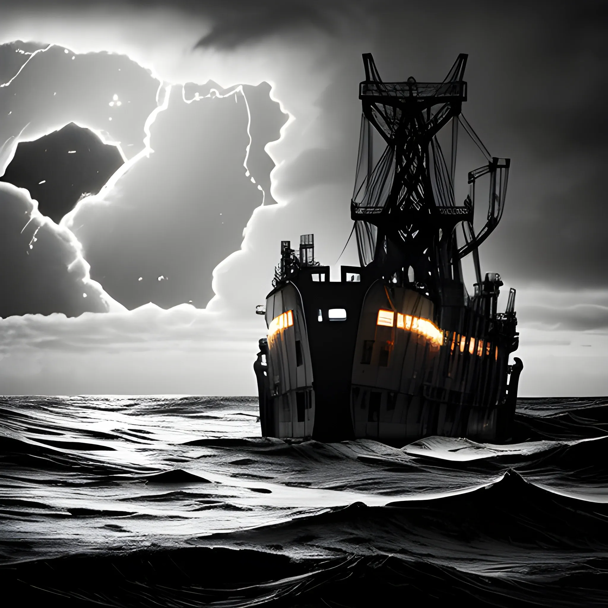 Moonlit oil rig on a stormy sea, illuminated by shafts of light through the clouds, as a lone, sculpted shipwreck rises from the depths, its rusting hull silhouetted against the turbulent water