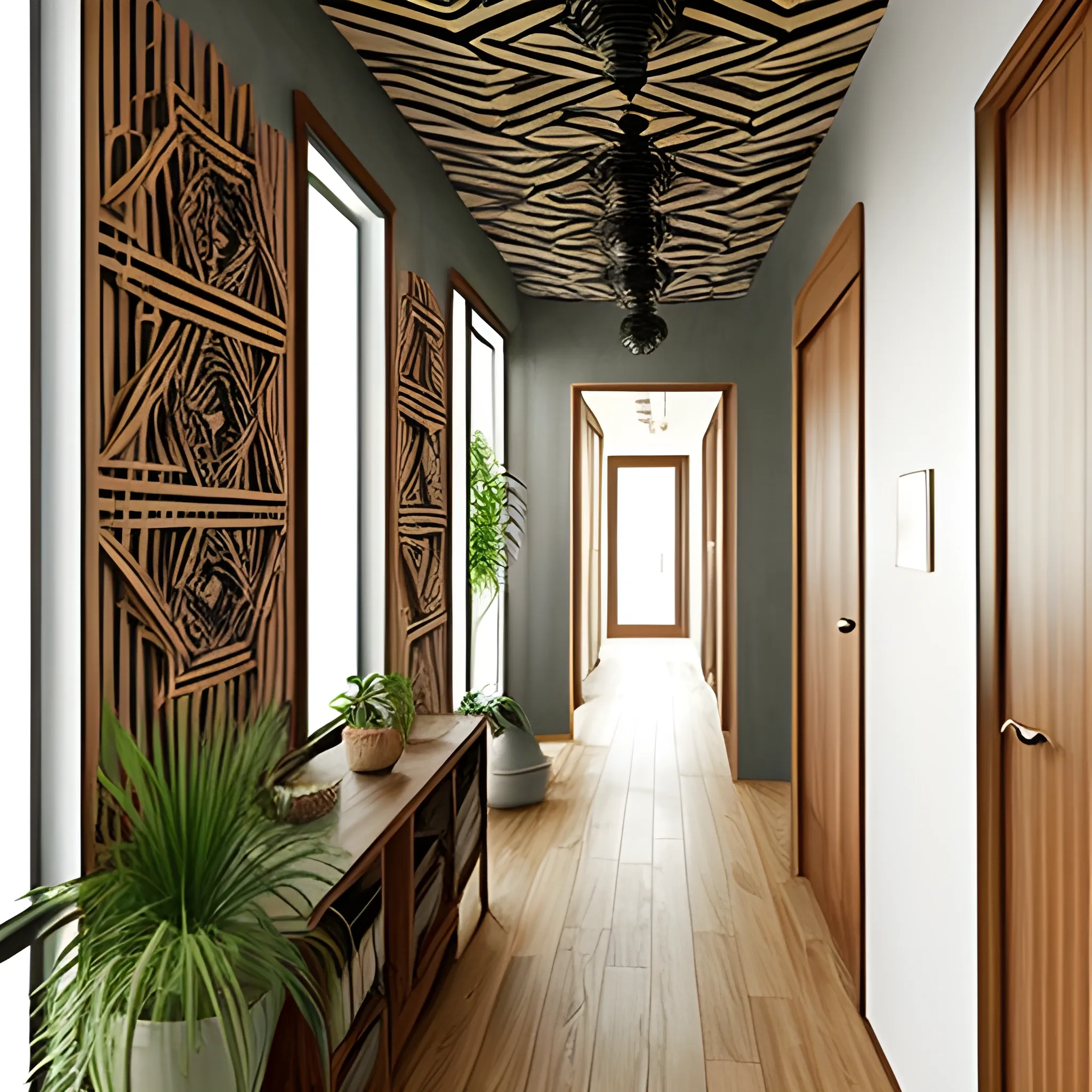 Corridor boho decorations with wall vertical wooden decorations 