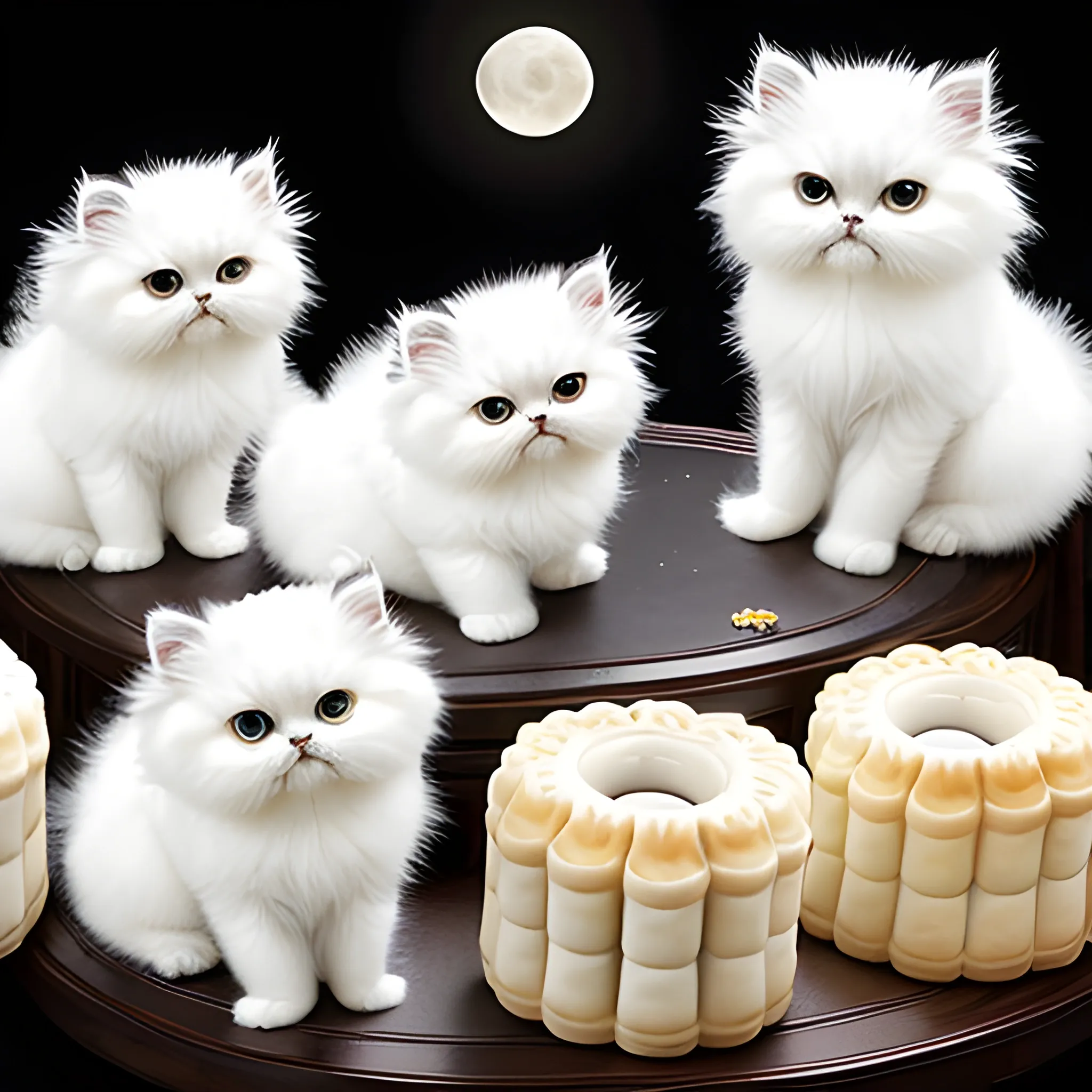 group of eight white and black exotic fluffy 
Persian kittens eating mooncakes