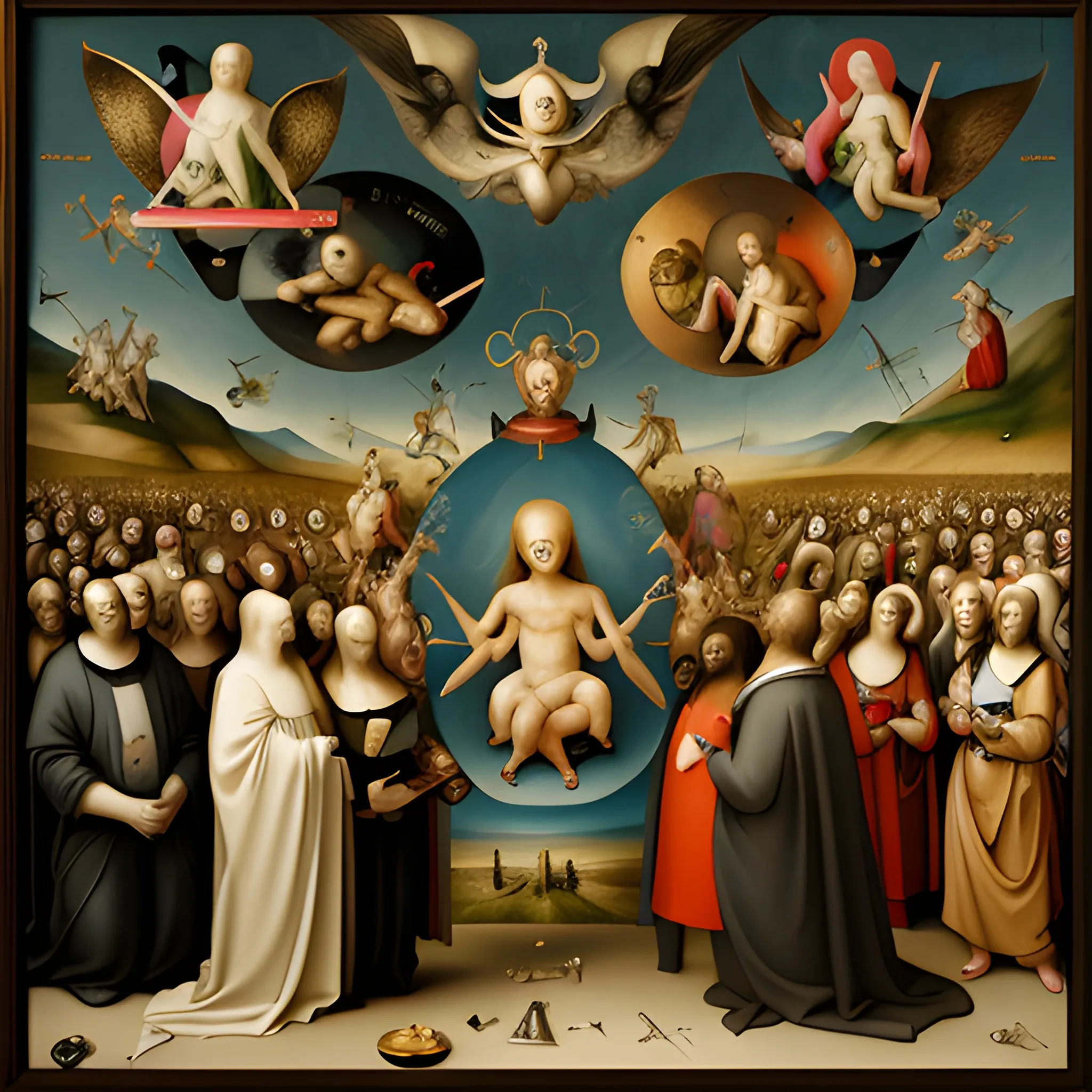 Create a picture based on Hieronymus Bosch's Last Judgement with contemporary characters, Oil Painting, with computer and telecommunications objects in the background