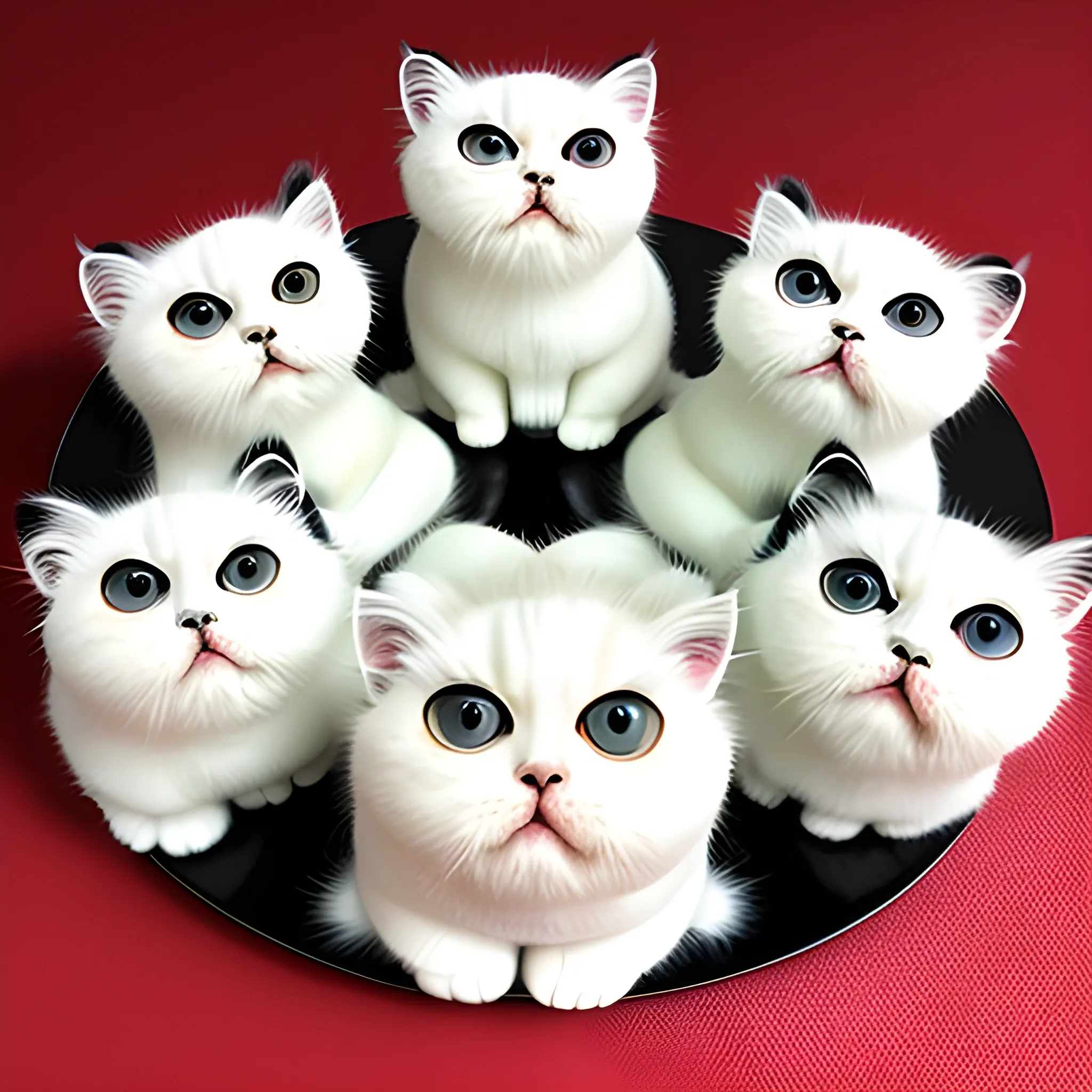 group of eight white + black exotic 
Persian kittens eating mooncakes