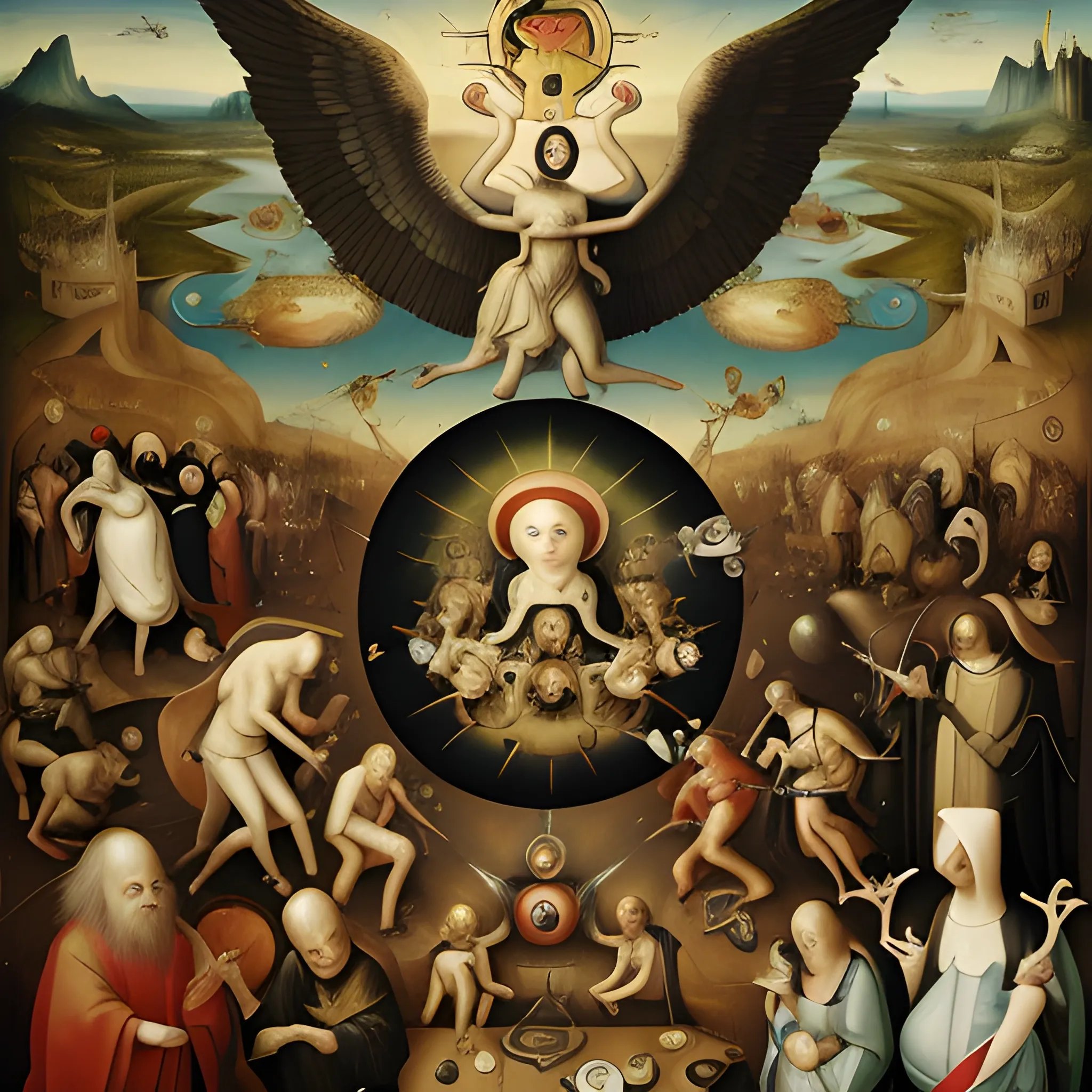 Create a picture based on Hieronymus Bosch's Last Judgement with contemporary characters about CyberSecurity, Oil Painting, Use computer and telecommunications objects in the background