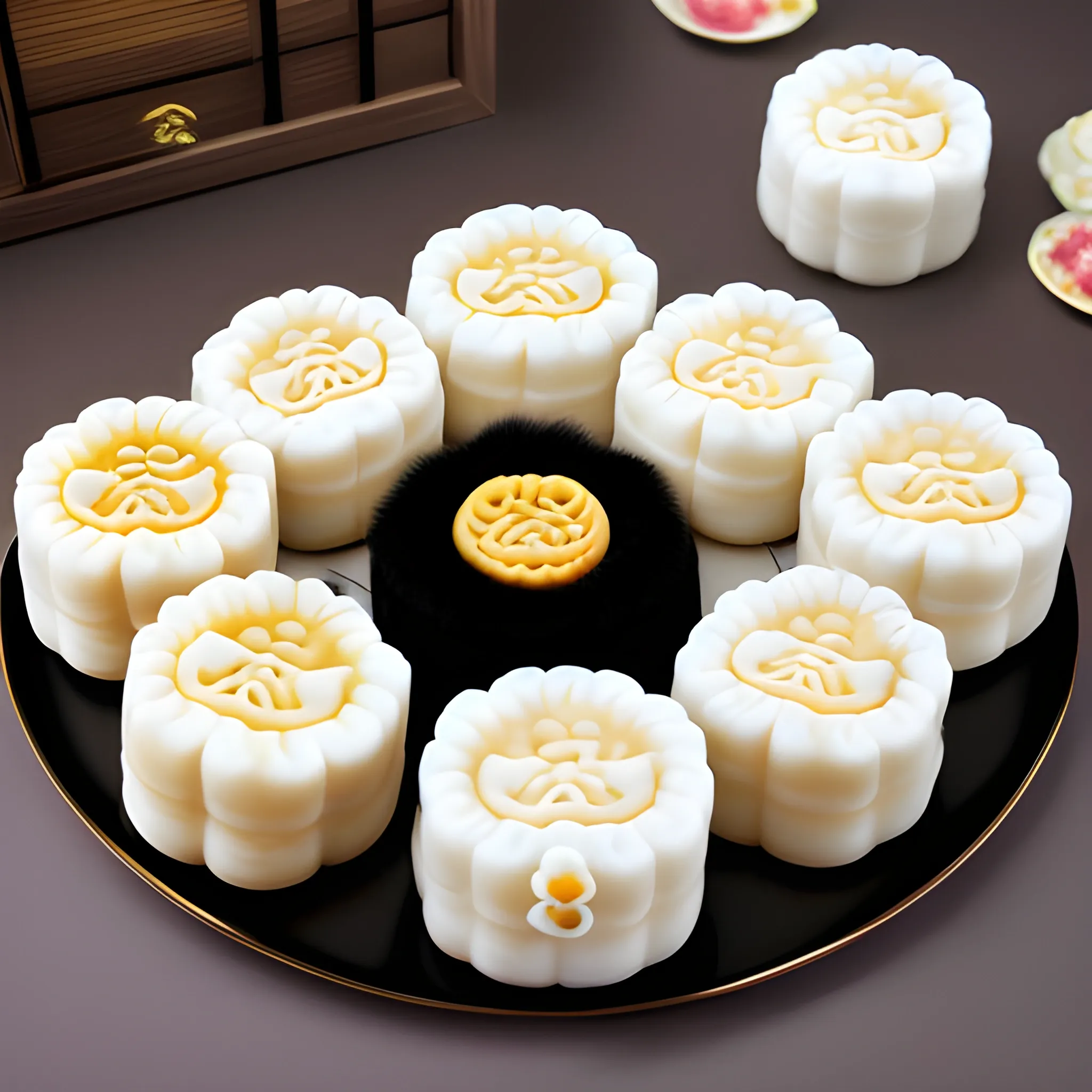 group of eight white + black exotic 
fluffy long hair Persian kittens eating mooncakes