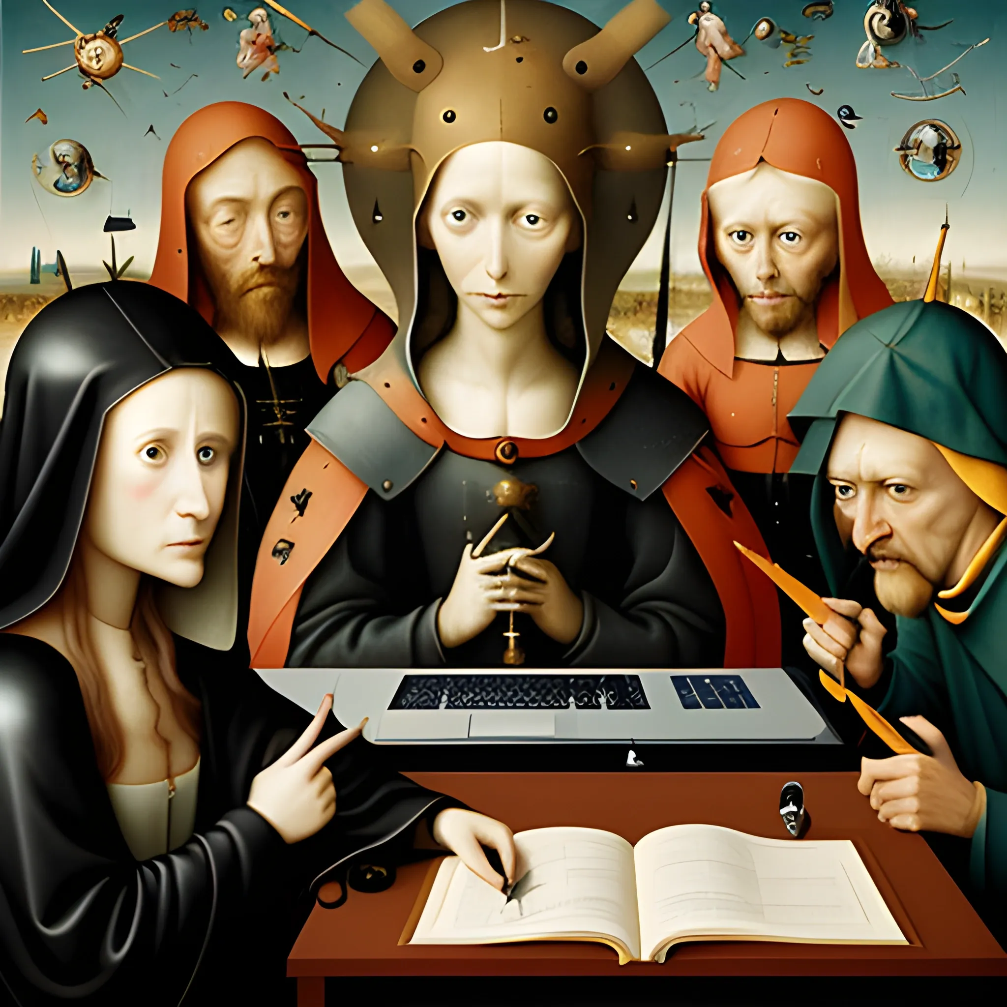 Create a picture about CyberSecurity based on Hieronymus Bosch's Last Judgement with contemporary characters , Oil Painting, Use computer and telecommunications objects in the background