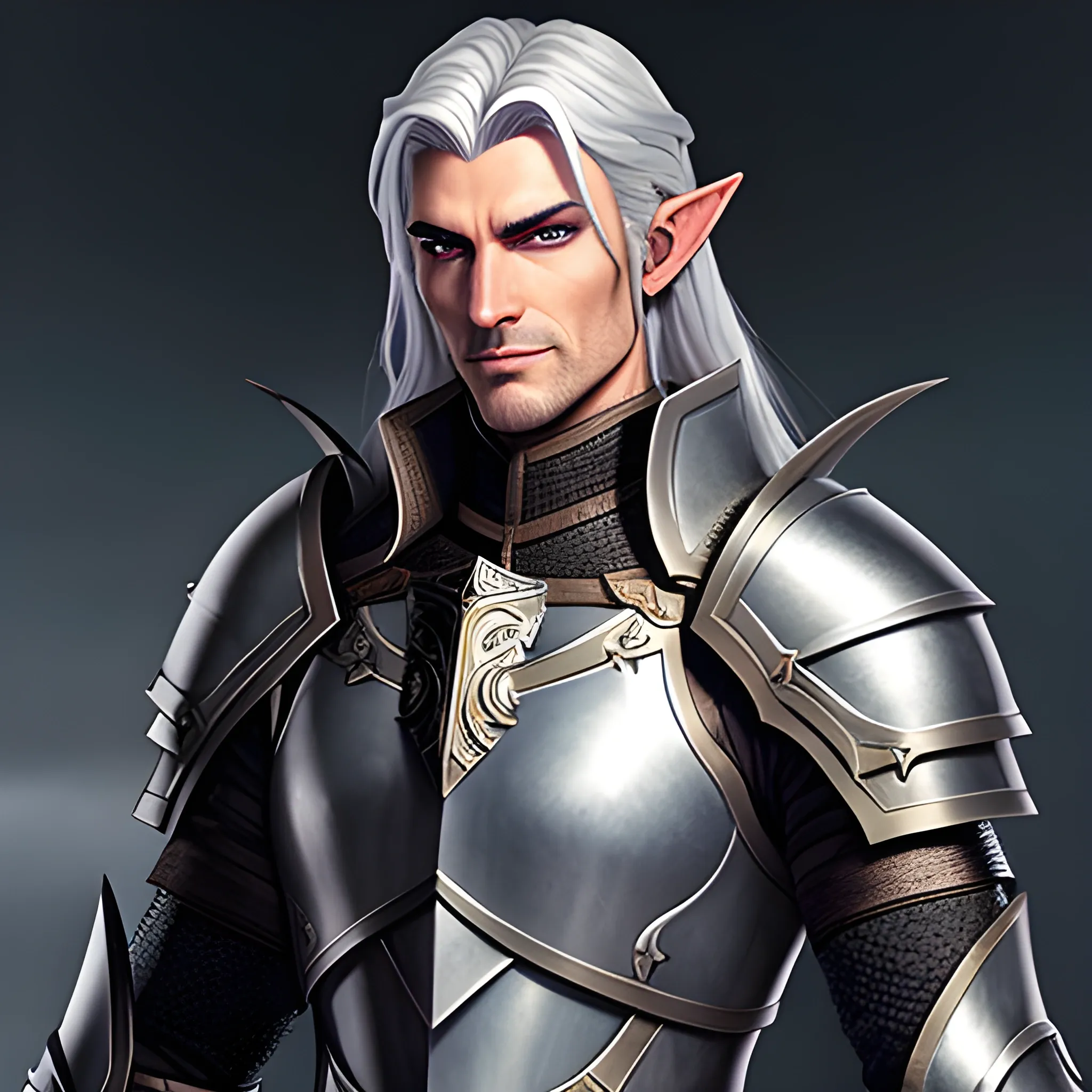 A male young elf paladin who has elven features: pointed ears, a sharp jawline, and piercing bright eyes that radiate warmth and determination. His hair is silver, slightly tousled. He wears chainmail armor and carries a standard longsword and a plain shield adorned with a raven emblem