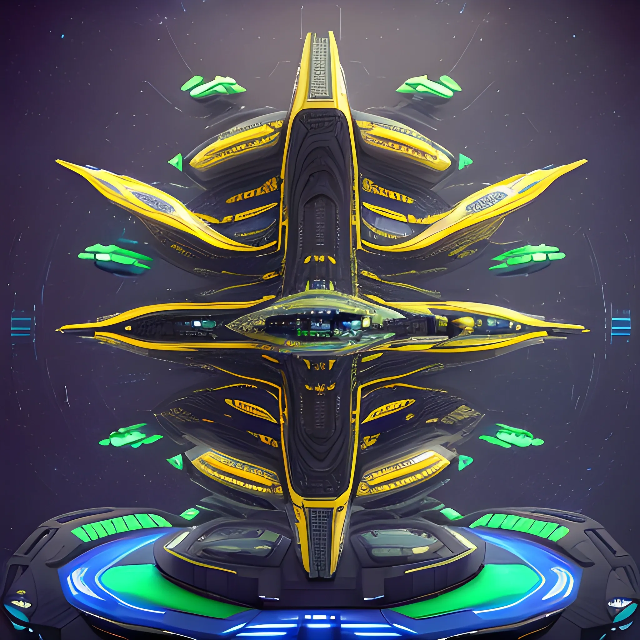 A futuristic cityscape with towering spaceships docked at massive vertical platforms. These platforms are interconnected, forming a web-like structure against the backdrop of a vast cosmic expanse. A captivating and otherworldly scene featuring a grand, ornate starship that exudes a vibrant and futuristic vibe. The starship is adorned with golden patterns and glowing green circles, emitting a sense of advanced technology. Its elongated engines stand out on either side, with a sleek pair of Lamborghini-inspired sneakers as the upper section, featuring a bold yellow and green matte color scheme. The sneakers' industrial steampunk upper and motherboard-like sole capture the essence of speed. The sky above is filled with stars and the Milky Way galaxy, adding to the enchanting and dark fantasy atmosphere of the scene. This cinematic photo is a perfect blend of architecture, fashion, and vibrant 3D render, capturing the essence of dark fantasy, architecture, and fashion in a captivating manner.The ships are intricately designed, with a mix of white, red, and gray colors. A cinematic 3D render of a captivating and otherworldly scene featuring a grand, ornate starship with advanced motherboards and very advanced diodes. The starship, with its golden patterns and glowing green circles, exudes a vibrant and futuristic vibe. Its elongated engines stand out on either side, with a sleek pair of Lamborghini-inspired sneakers as the upper section of the starship. , 3D, Trippy