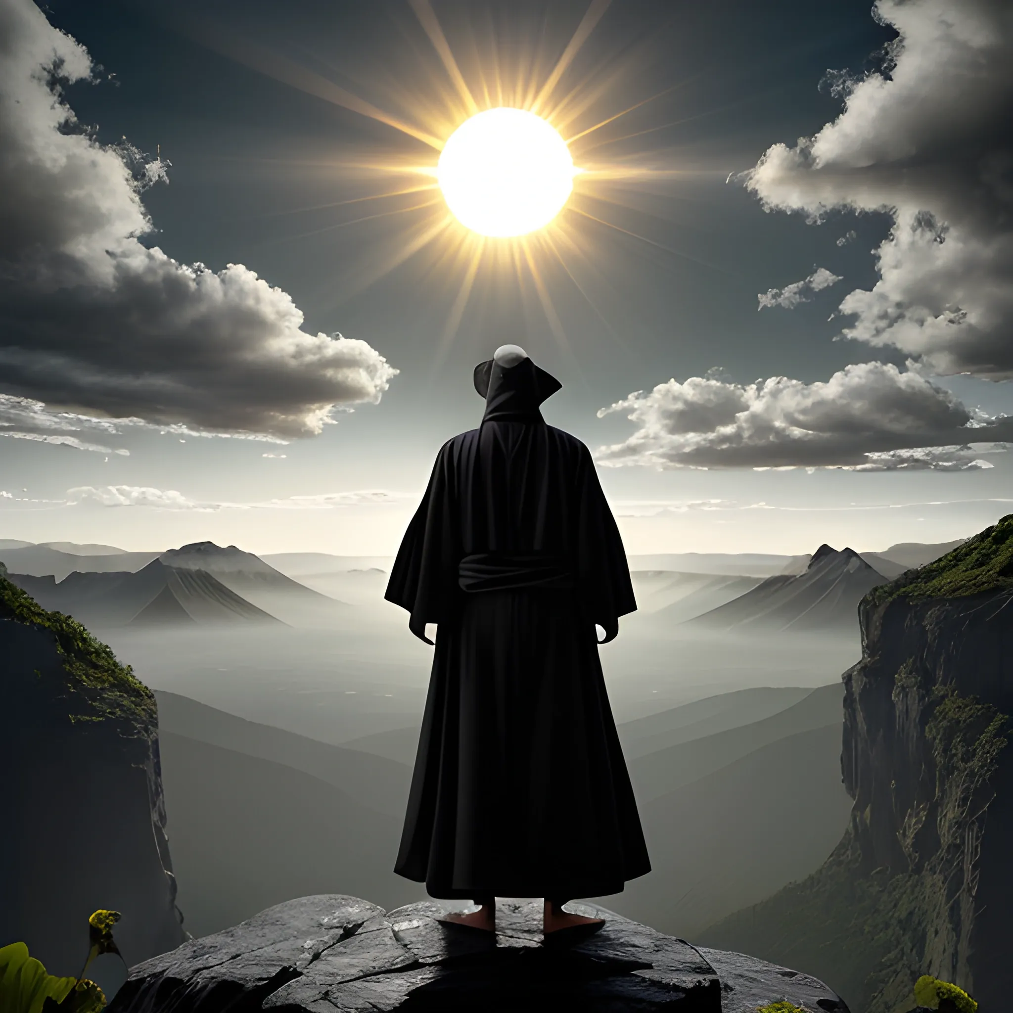 Cinematic Scene - Imagine a white humanoid frog standing on the edge of a mountain and the sky is black despite the presence of the sun, - This frog is wearing a black robe, a wide black robe like Moroccan robes