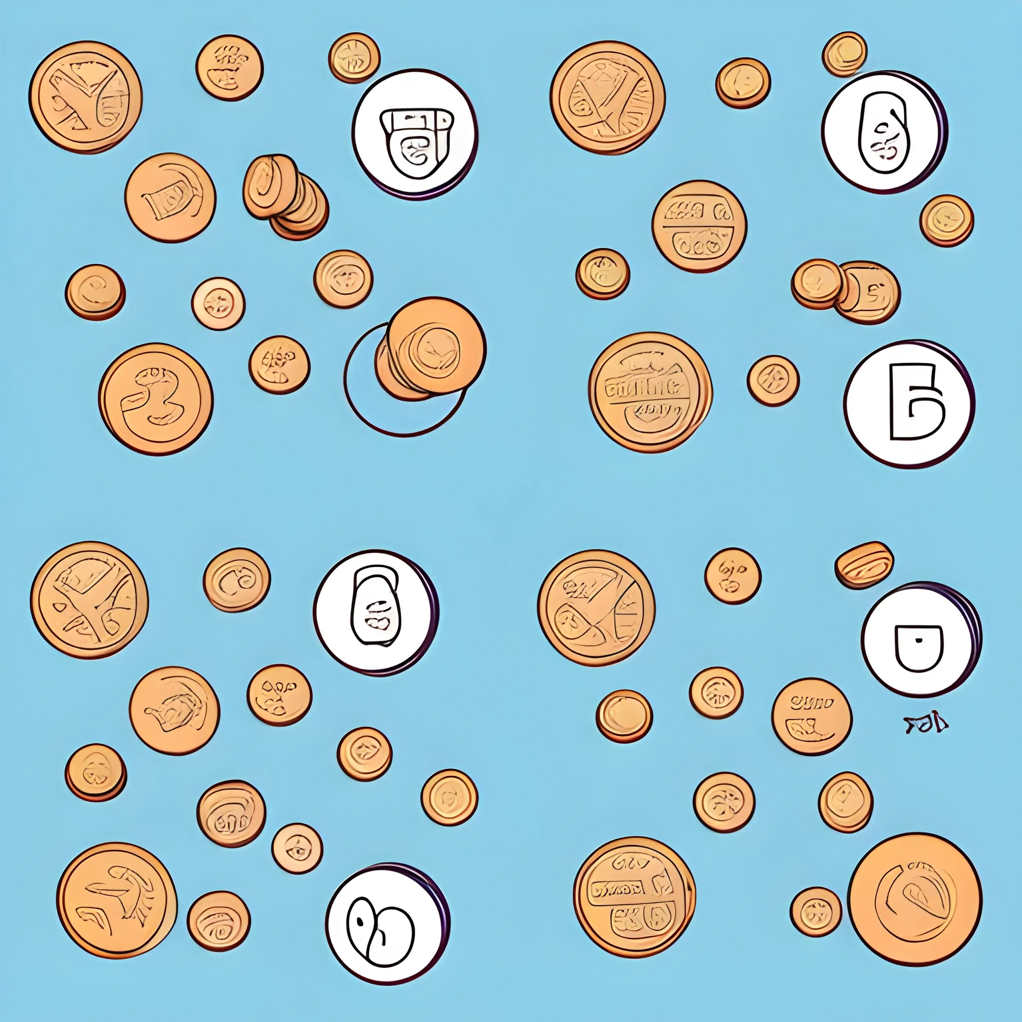 draw a set of illustrations on the topic of getting points for completing tasks, winning prizes, the coins themselves. without background.