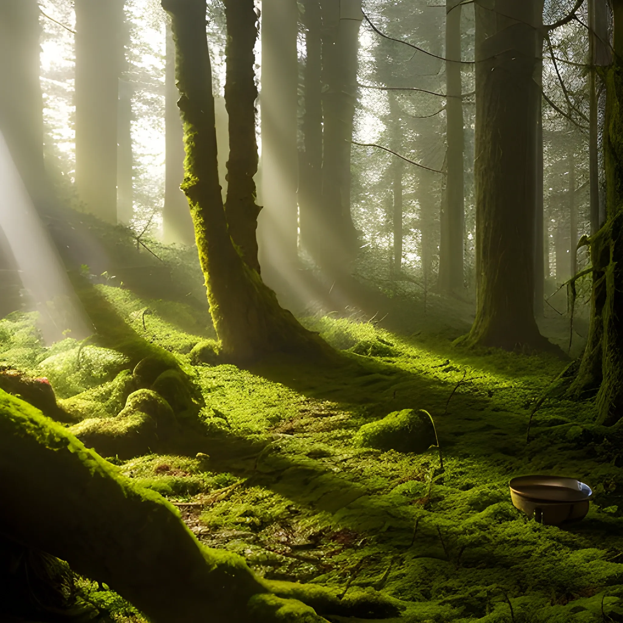 A glass of wine in the forest at dawn, sunlight filtering through leaves, soft and diffused light, tall trees, moss and lichen covered trunks, floor covered in fallen leaves and wildflowers