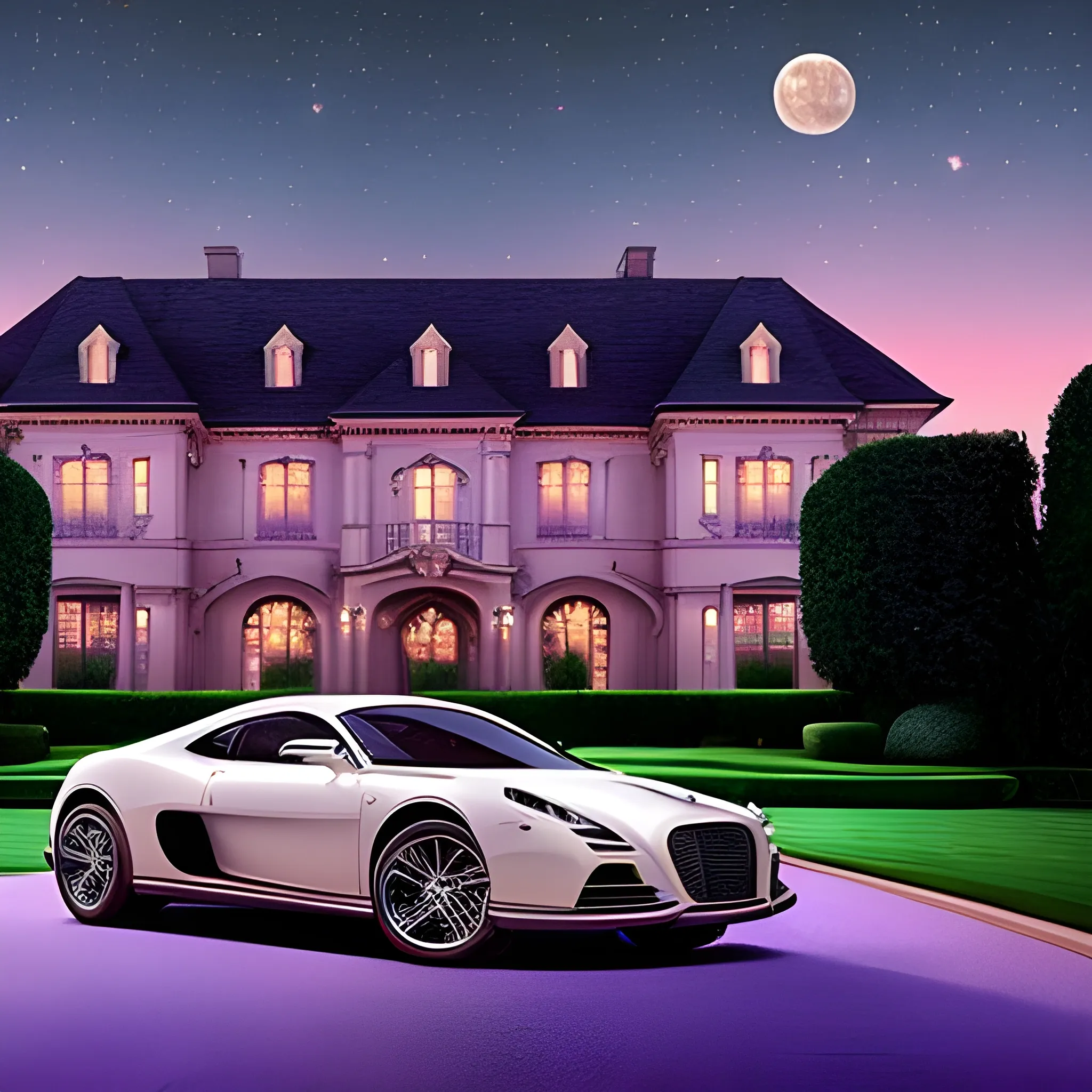 A photo of a luxury car parked in front of a mansion under a romantic moonlit sky, symbolizing the material success and the love that surpasses all barriers, with a grand, opulent, and full of romance scene, reflecting the extravagant nature of pop music, with a visual style that is luxurious, glamorous, and high-end, evoking a sense of luxury and exclusivity, with references to the car, the mansion, and the moonlit sky, within the genre of pop, and the artist reference being a popular pop singer or band known for their love songs