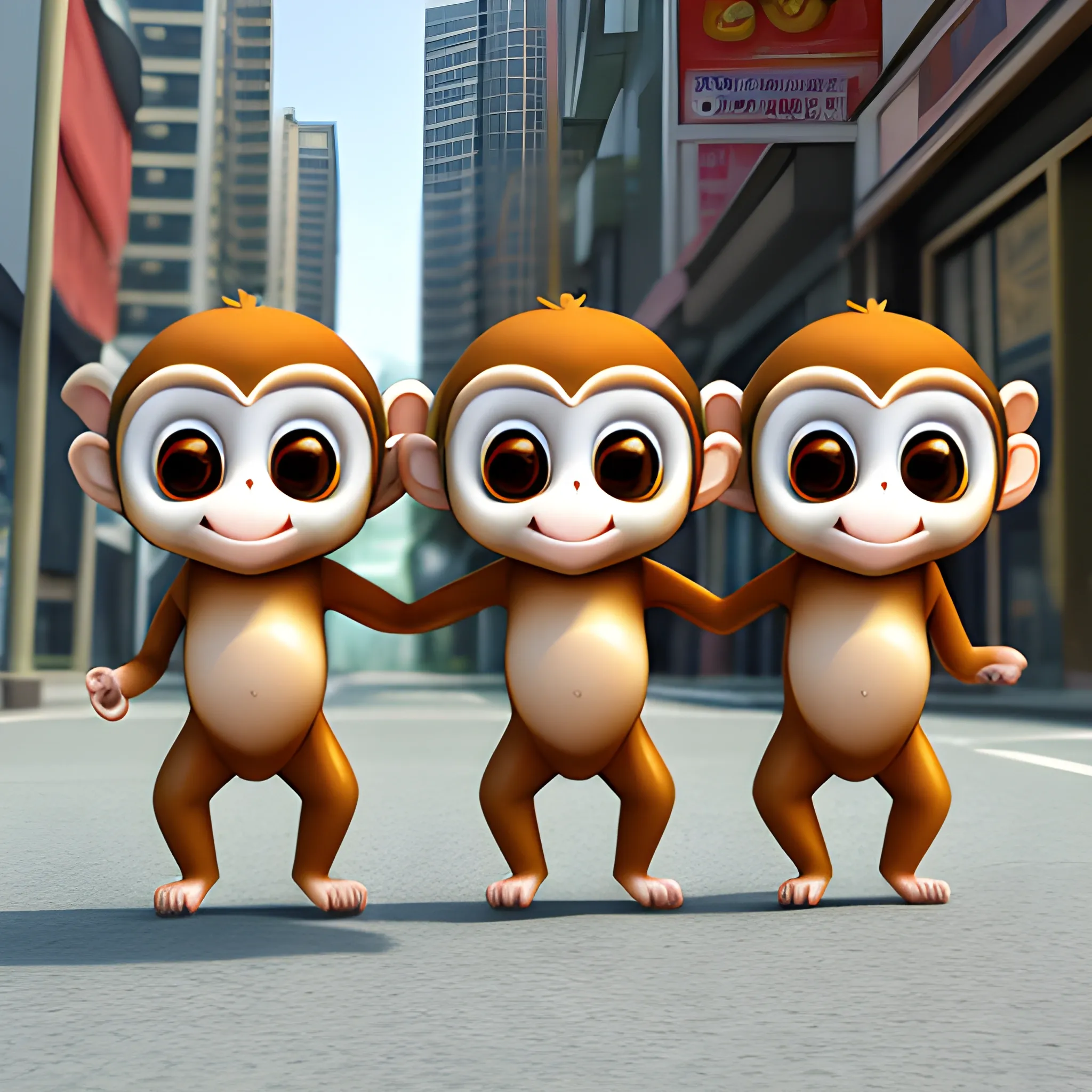 three cute surprised monkeys in a large city, 3d chibi cartoon style, 3D