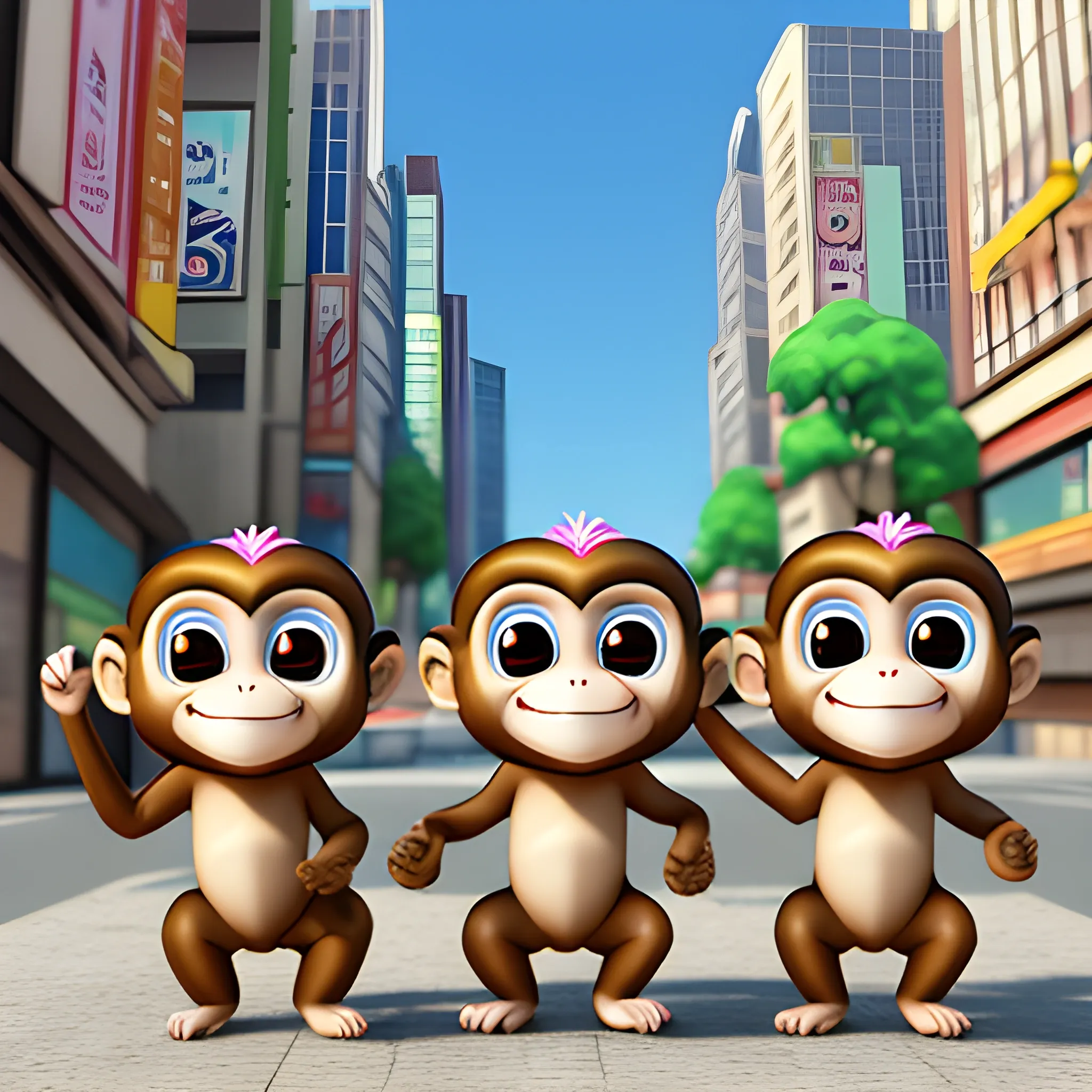 three cute surprised monkeys in a large city, 3d chibi cartoon style, 3D, Cartoon