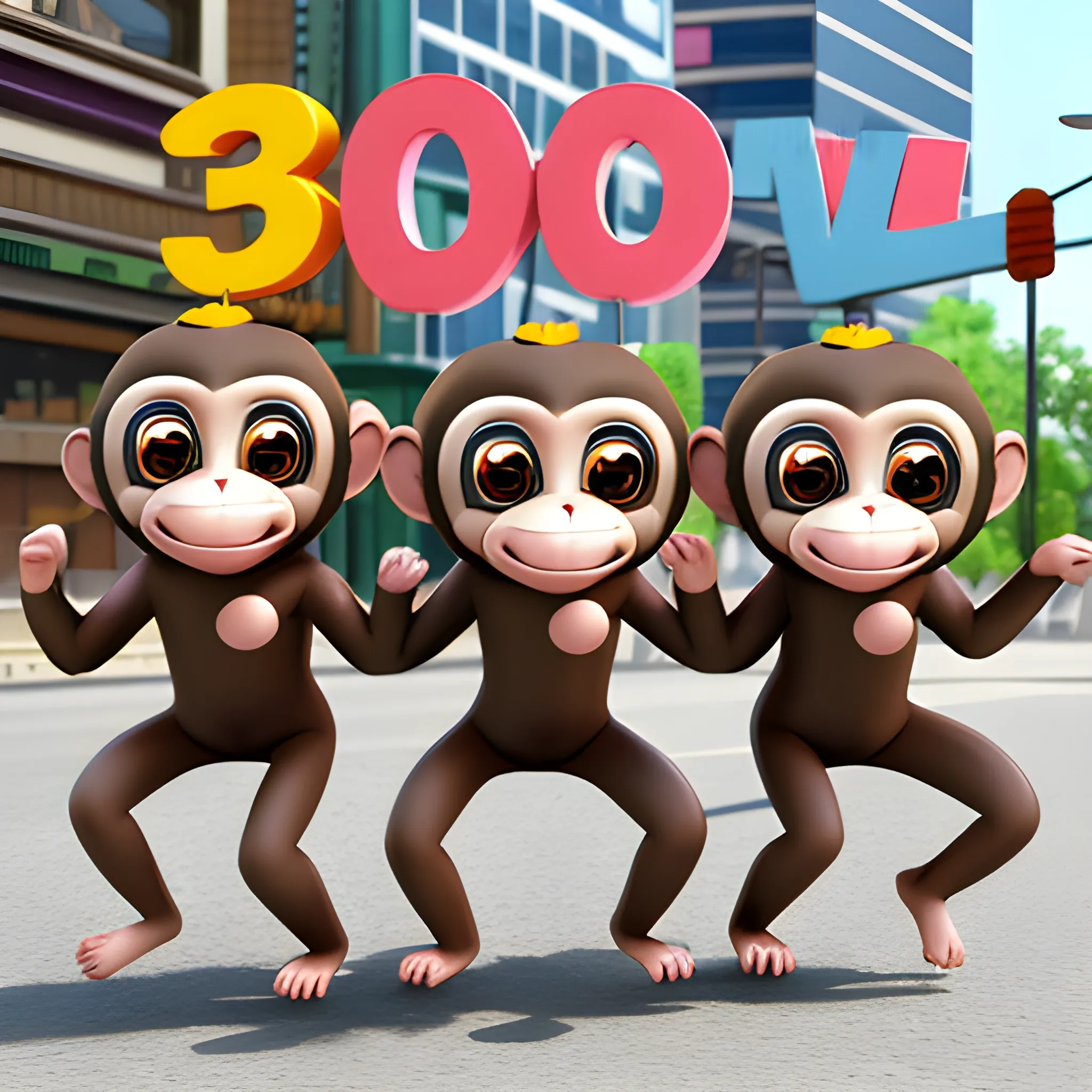 three cute surprised monkeys in a large city, 3d chibi cartoon style, 