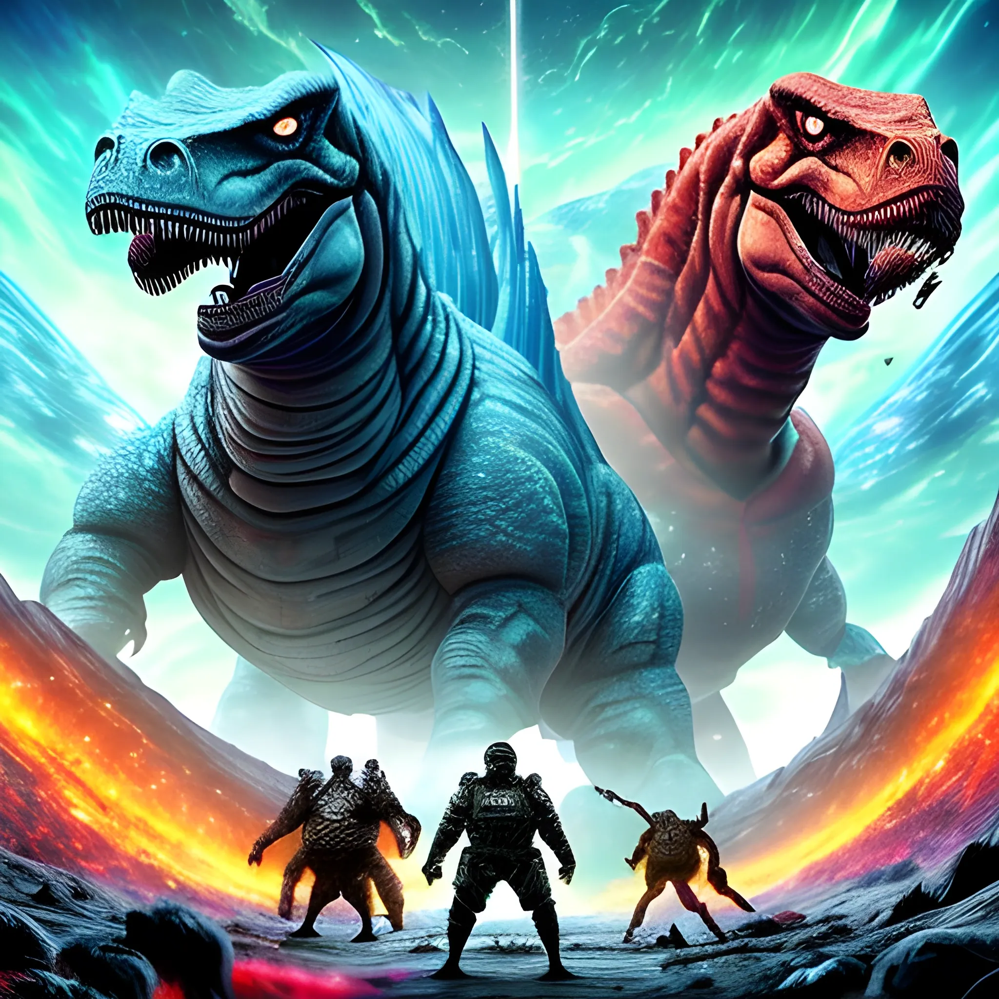 the battle of a mega titan of the Kazakh Asian size of the universe against the same huge titan-like dinosaur, and they fight on hundreds of thousands of multiverses in outer space for the fate of the multiverse, the battle itself must be epic, spectacular, large-scale and colorful to cause delight, horror and admiration at the same time 