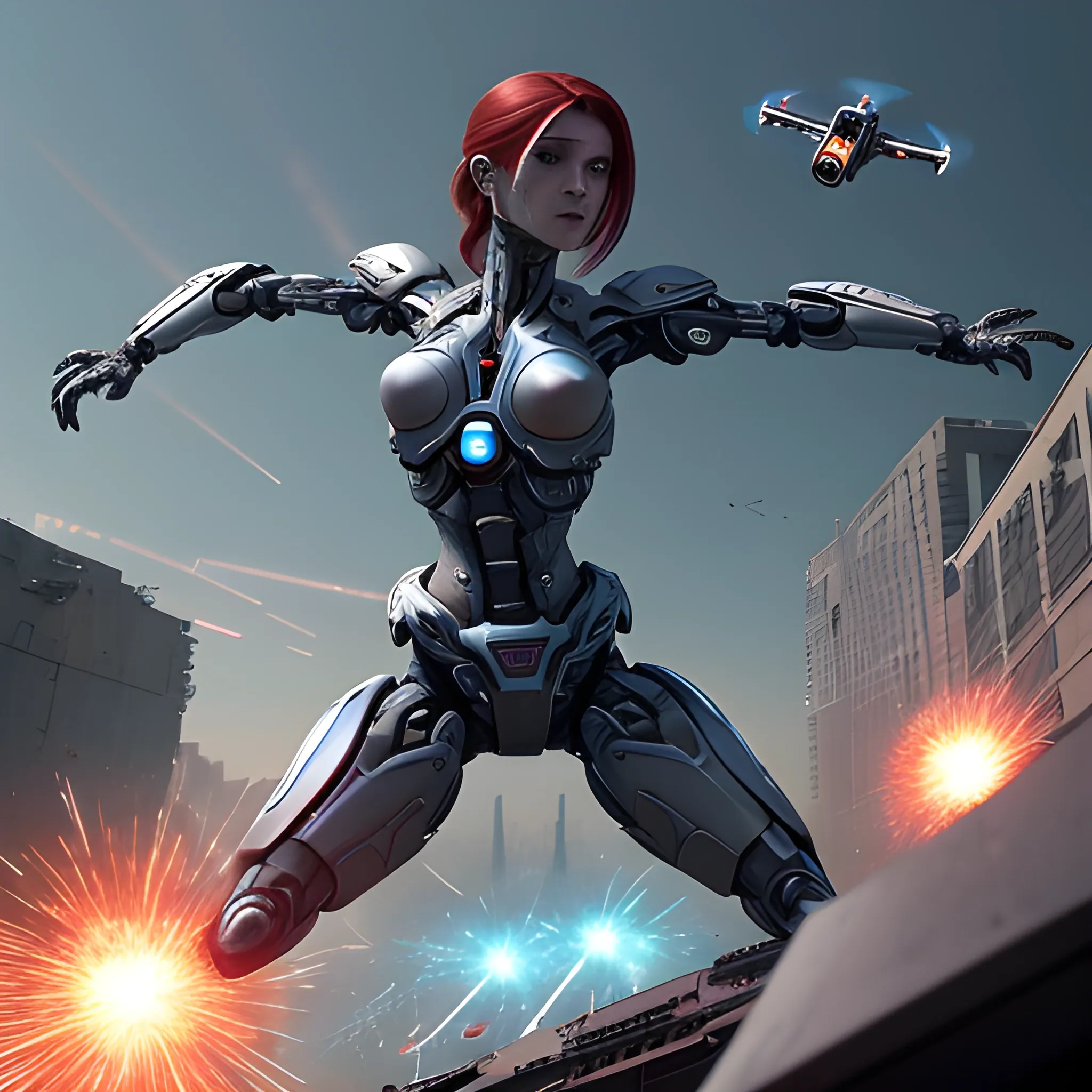 The view is captured from a high vantage point, hinting at the use of an advanced drone camera. Within this mesmerizing vista, focus in on an intense battle scene. A female cyborg, of indeterminate descent and with state-of-the-art mechanized implants, engages in fierce combat against a horde of robotic enemies. The clash of metal and sparking energy fills the air with a sense of adrenaline and danger.