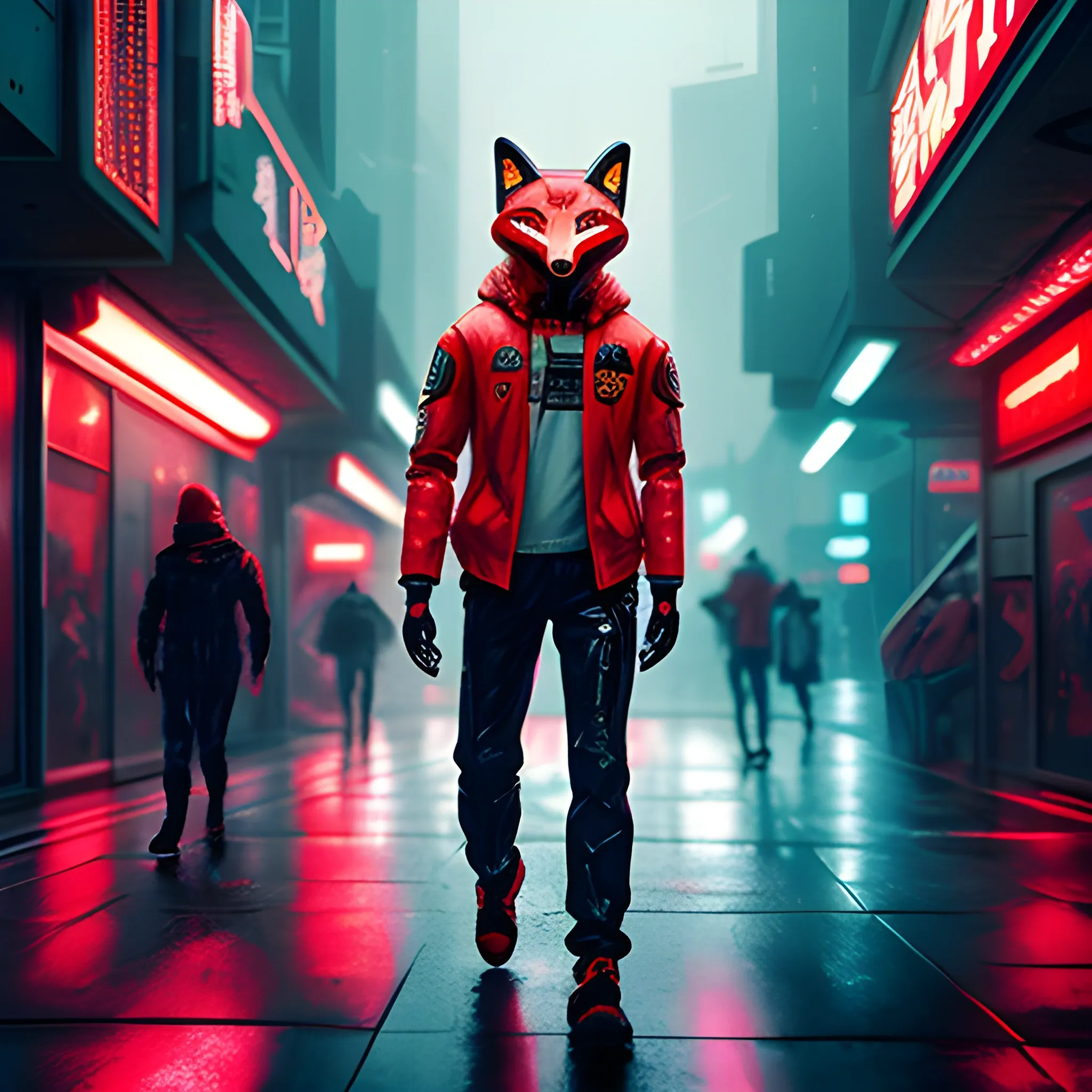 Robot fox in space city, cyberpunk, red jacket in the rain, extremely high quality