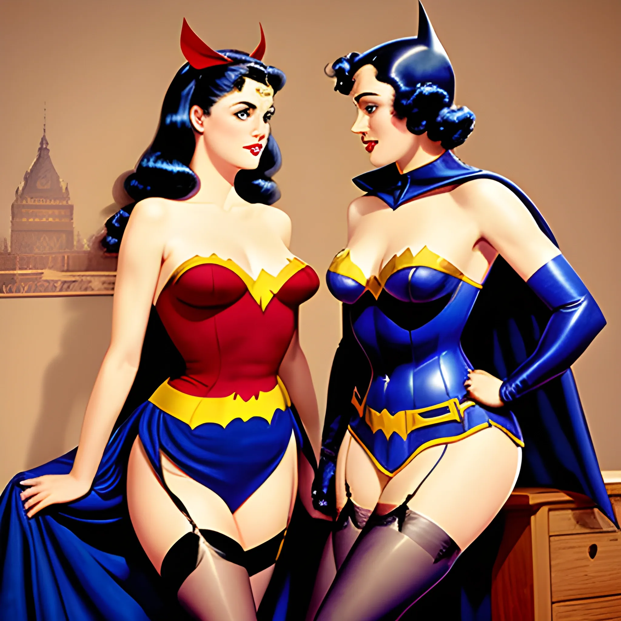 Batman and WonderWoman In Room Maid Costume, Pinup, Detailed Eyes, Thigh Stockings, Deep Decolletage, Natural Skin, By Gil Elvgren And Rolf Armstrong, Realistic Photo, Looking Back