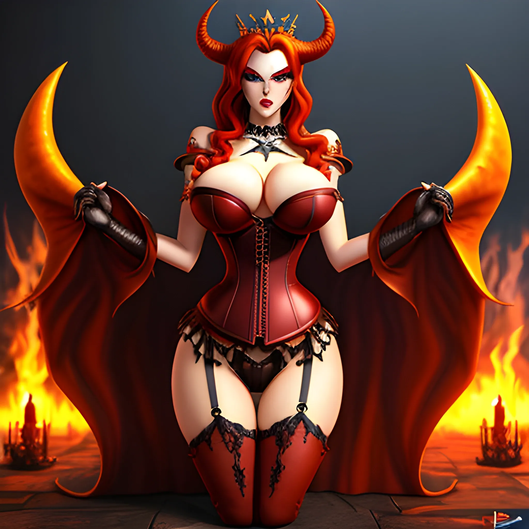 A demon queen young busty women, long curly redhead, corset underboobs, massive breast, long legs, big yellow eyes, with demon tail, 3D, Cartoon