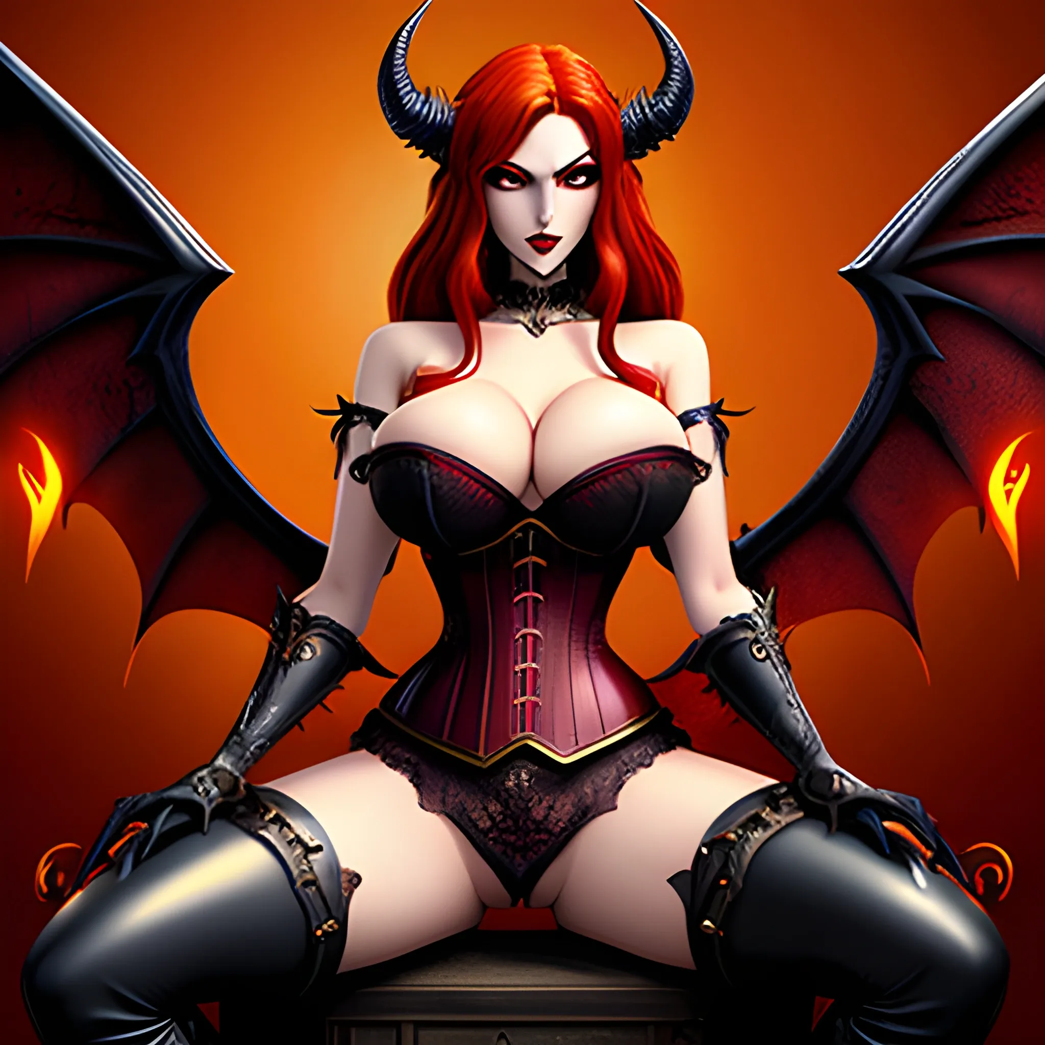 A demon queen young busty women, long curly redhead, corset underboobs, massive breast, long legs, big yellow eyes, demon tail, demon wings, 3D, Cartoon